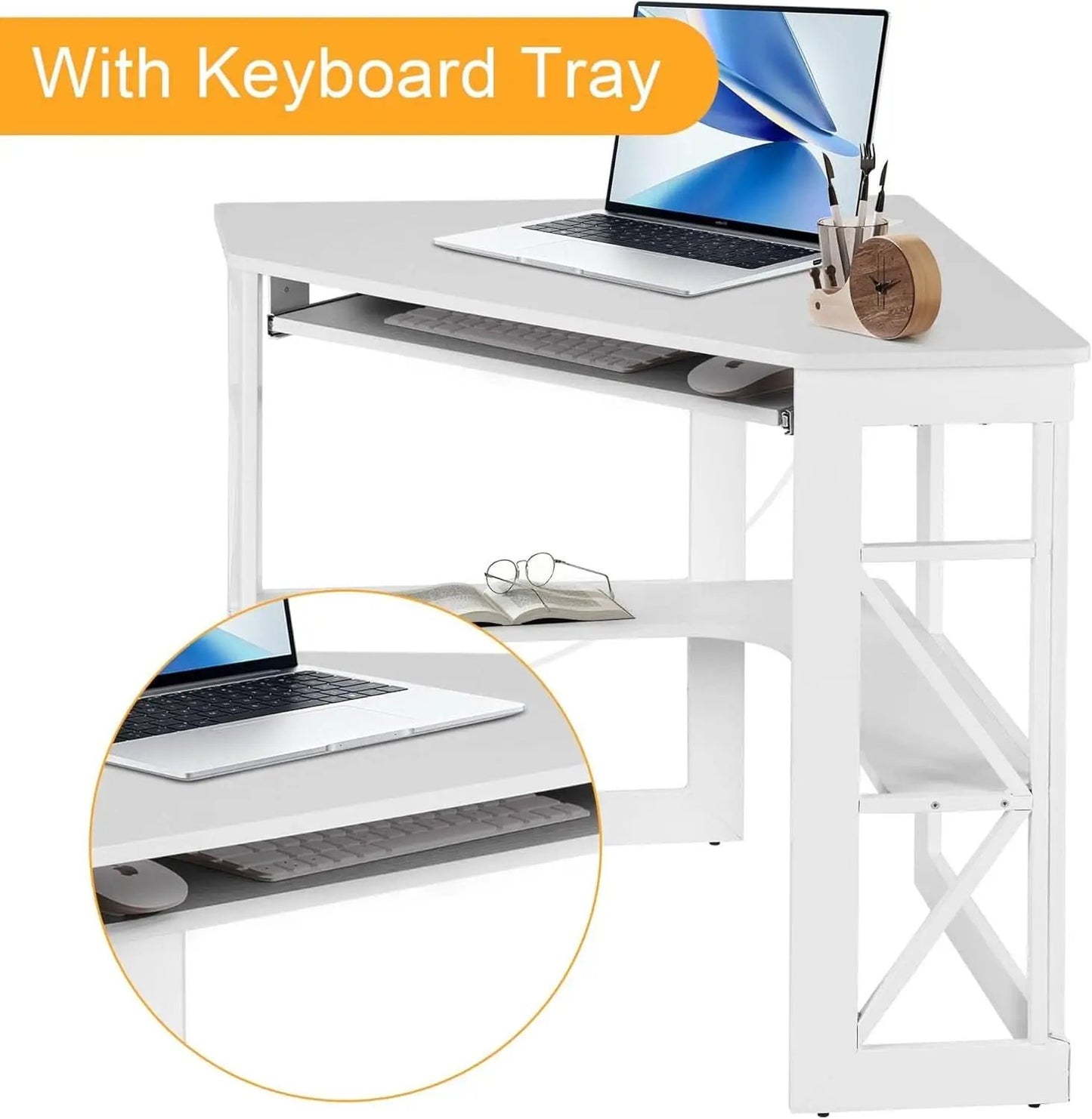 Corner Computer Desk with Keyboard Tray and Storage Shelves from PriceLows™