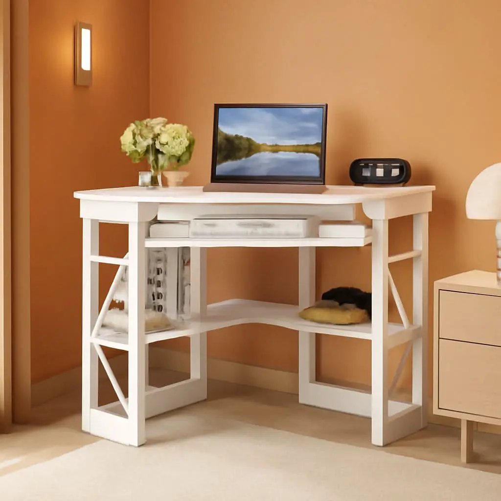 Corner Computer Desk with Keyboard Tray and Storage Shelves from PriceLows™