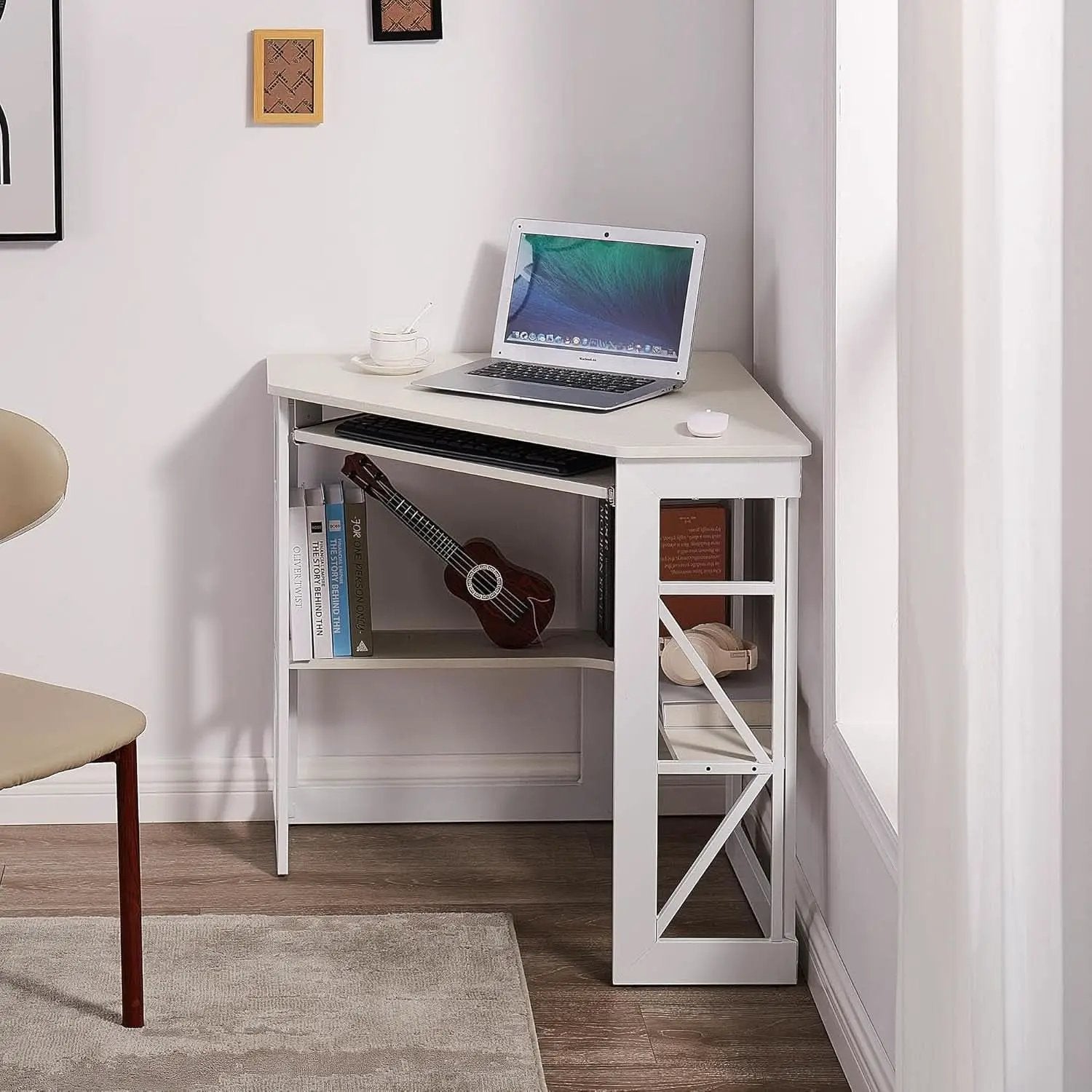 Corner Computer Desk with Keyboard Tray and Storage Shelves from PriceLows™