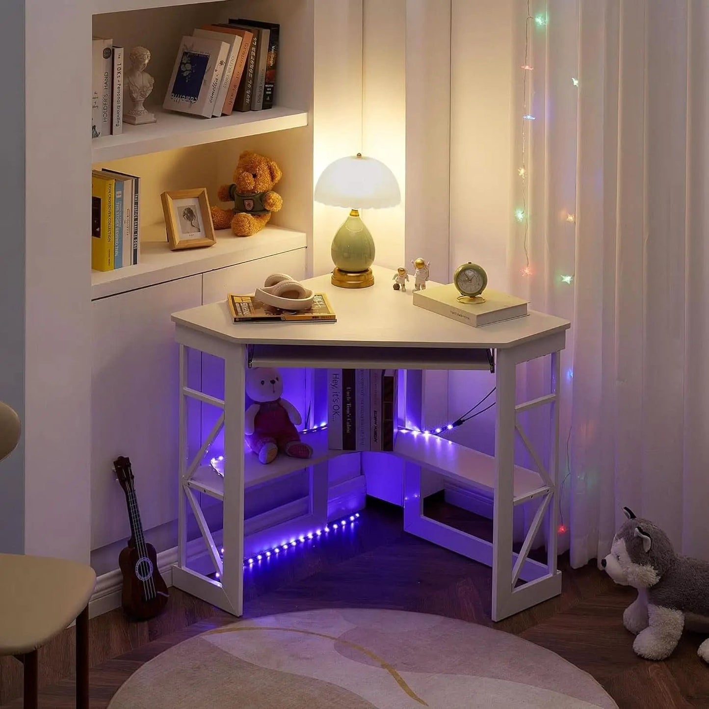 Corner Computer Desk with Keyboard Tray and Storage Shelves from PriceLows™