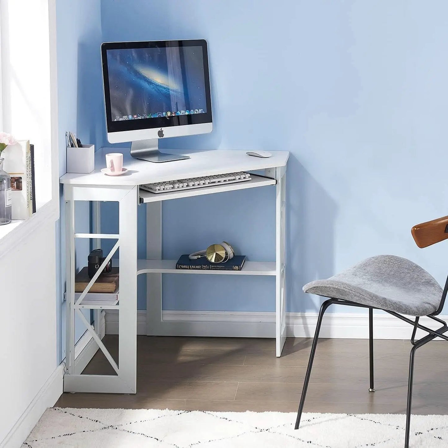 Corner Computer Desk with Keyboard Tray and Storage Shelves from PriceLows™