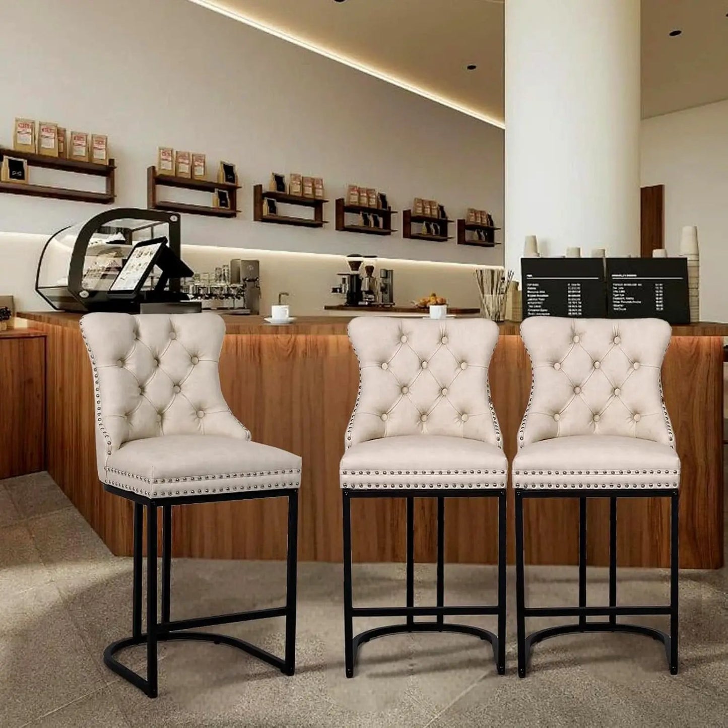 24 Inch Counter Height Bar Stools Beige With Back Faux Leather from PriceLows™