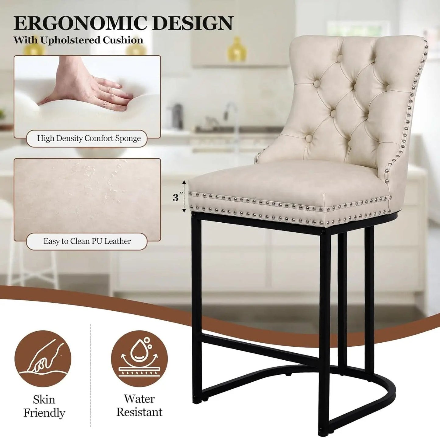 24 Inch Counter Height Bar Stools Beige With Back Faux Leather from PriceLows™