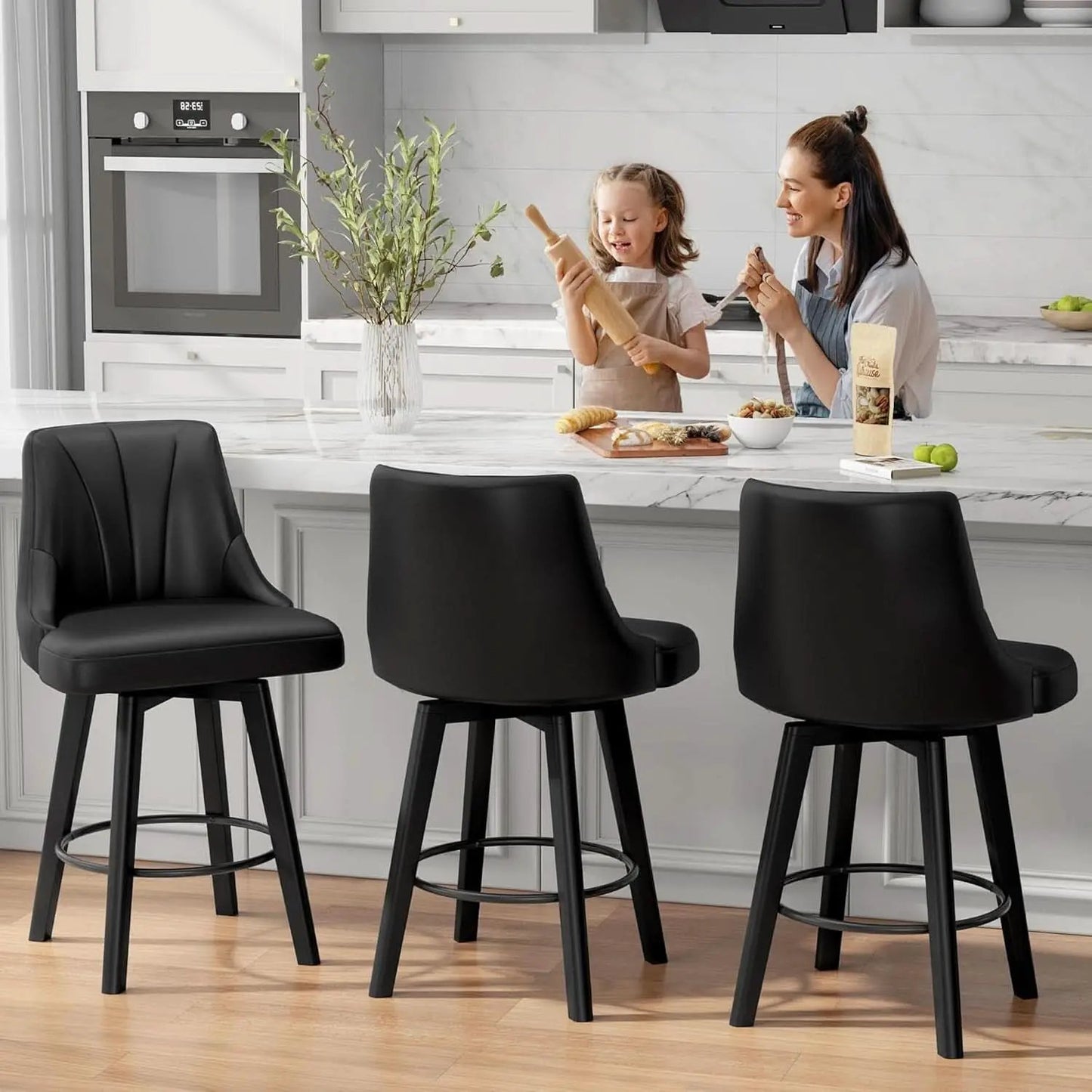 Counter Height Swivel Bar Stool 24 Inch Set Of 3 Black PU Leather from PriceLows™