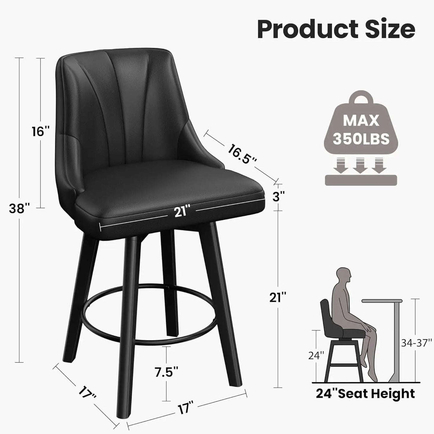 Counter Height Swivel Bar Stool 24 Inch Set Of 3 Black PU Leather from PriceLows™
