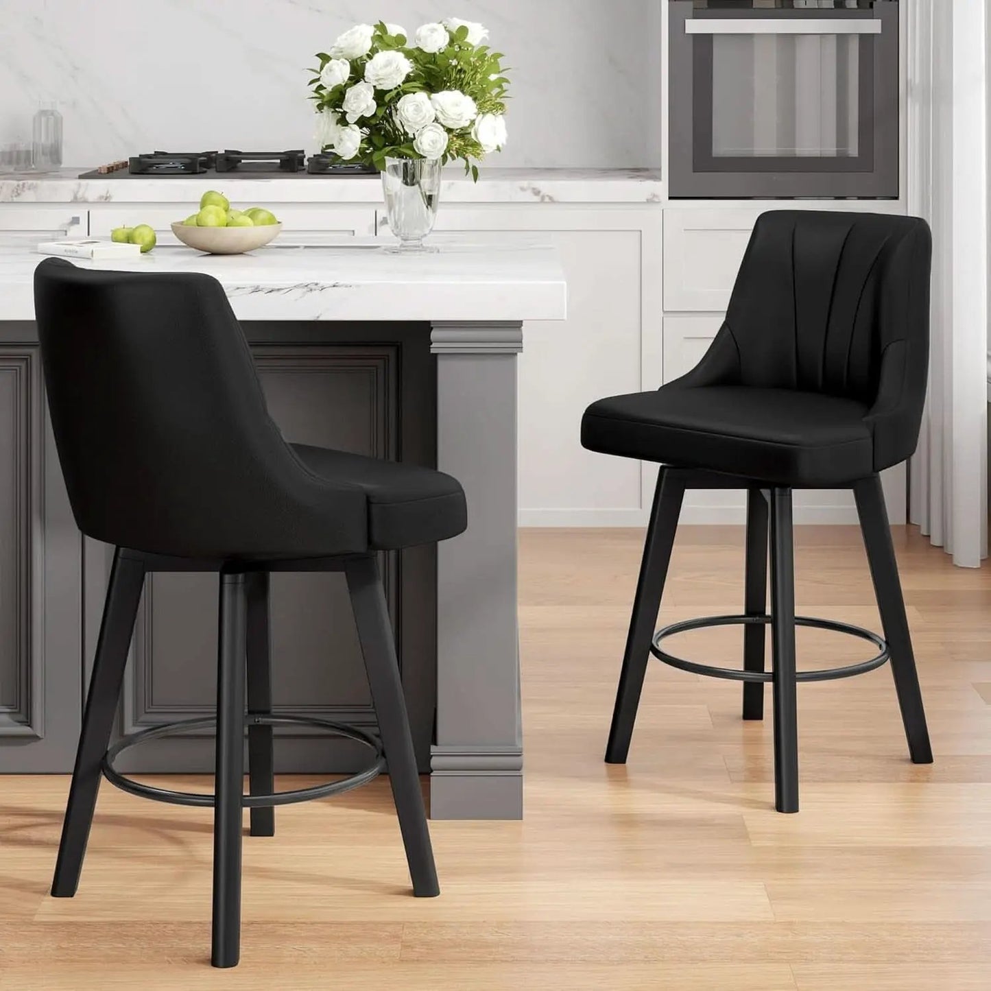 Counter Height Swivel Bar Stool 24 Inch Set Of 3 Black PU Leather from PriceLows™
