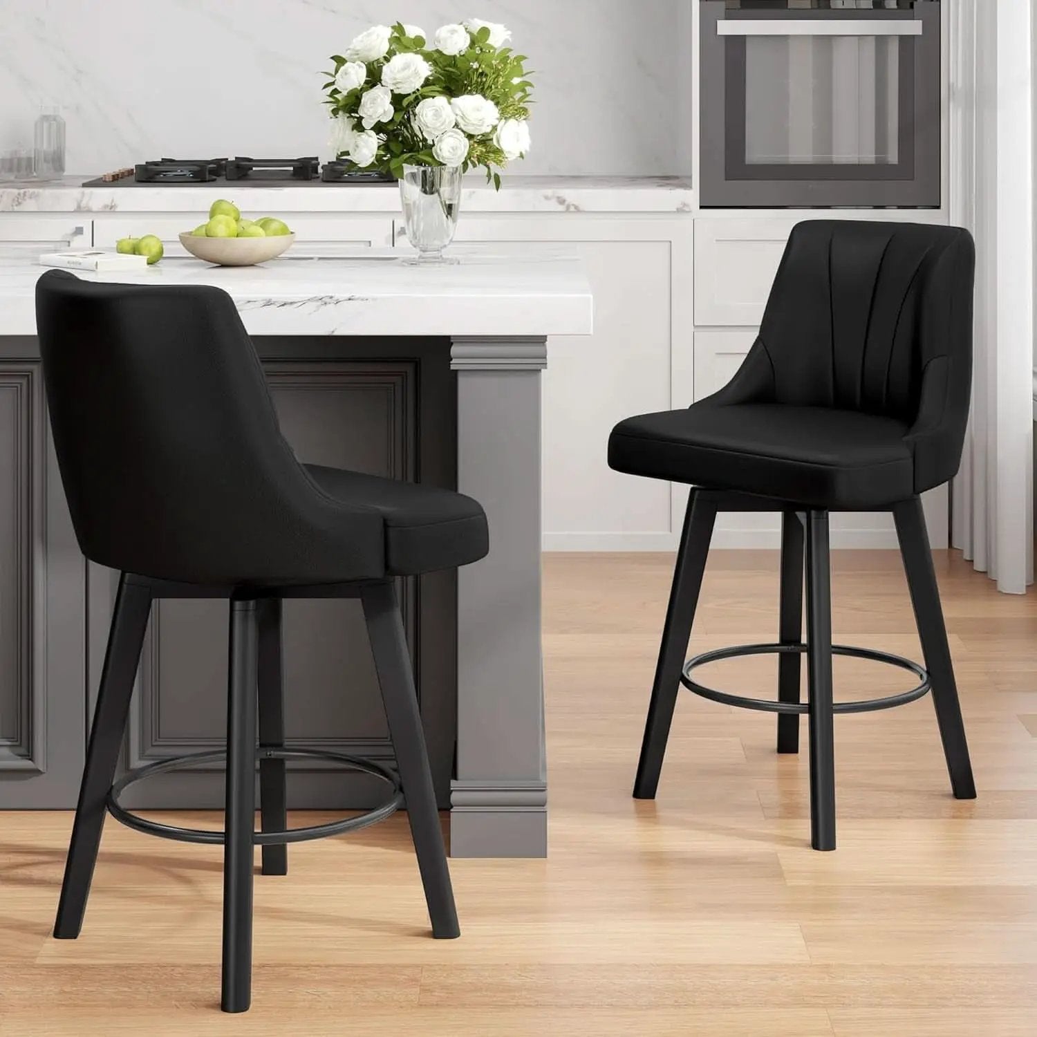 Counter Height Swivel Bar Stool 24 Inch Set Of 3 Black PU Leather from PriceLows™