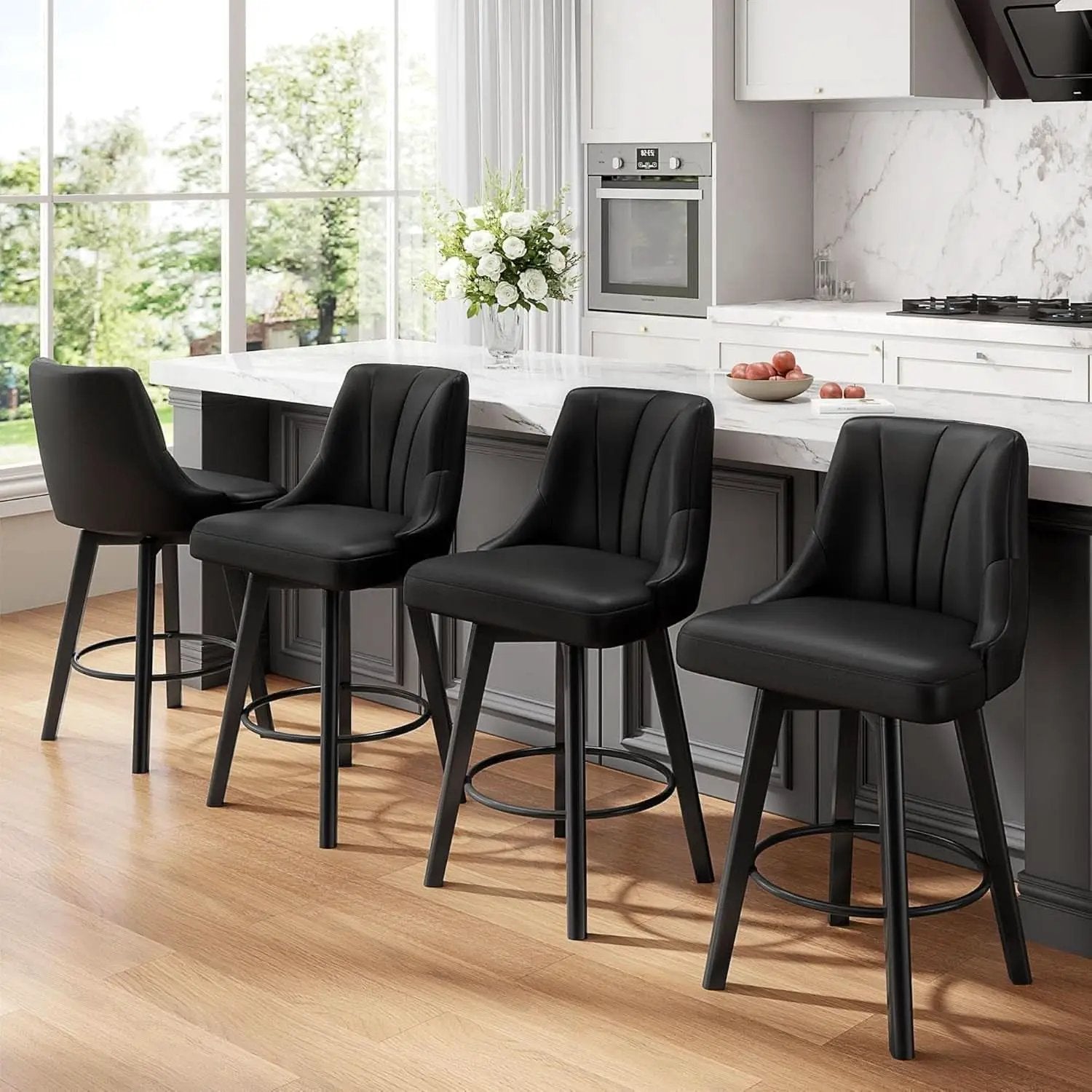Counter Height Swivel Bar Stool 24 Inch Set Of 3 Black PU Leather from PriceLows™