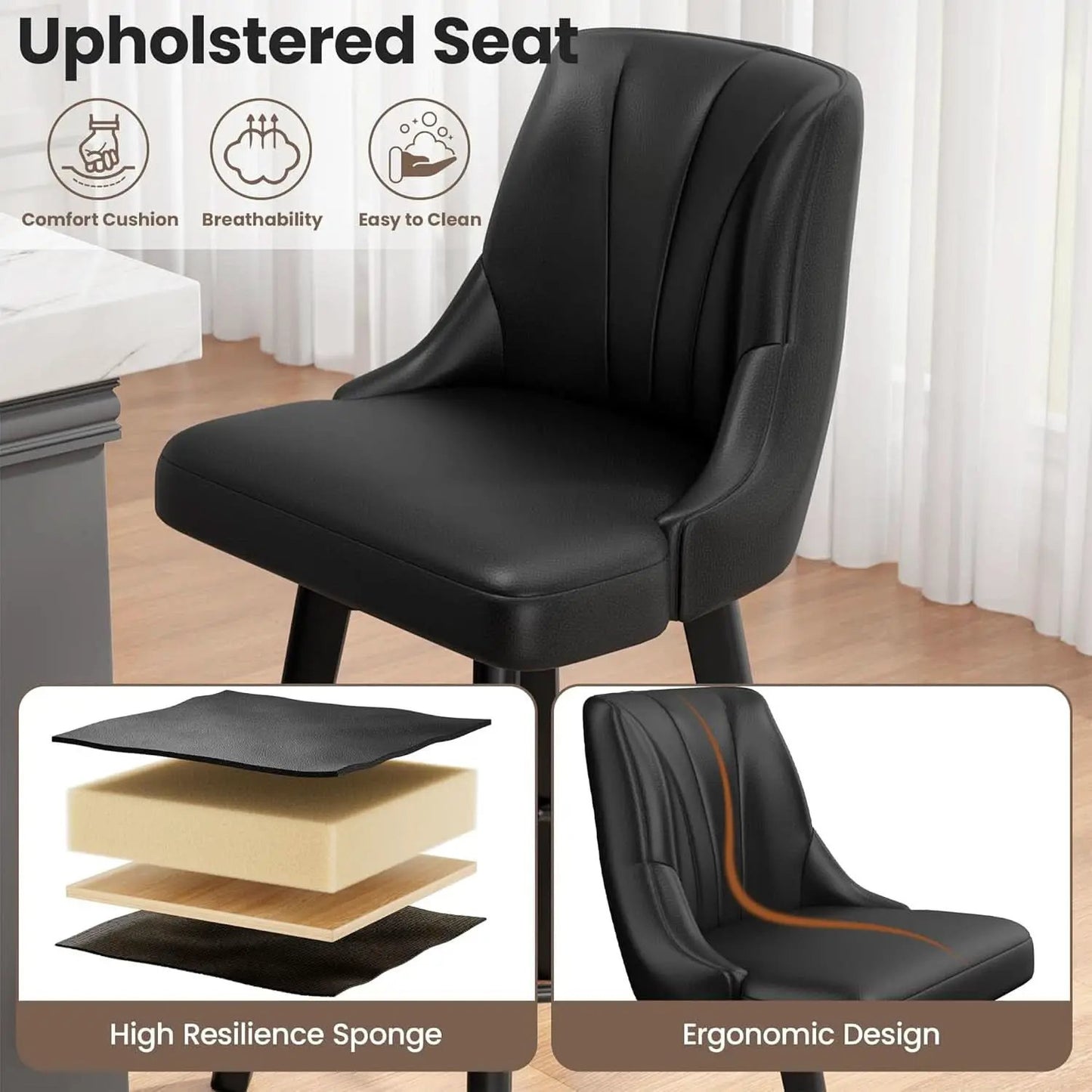 Counter Height Swivel Bar Stool 24 Inch Set Of 3 Black PU Leather from PriceLows™
