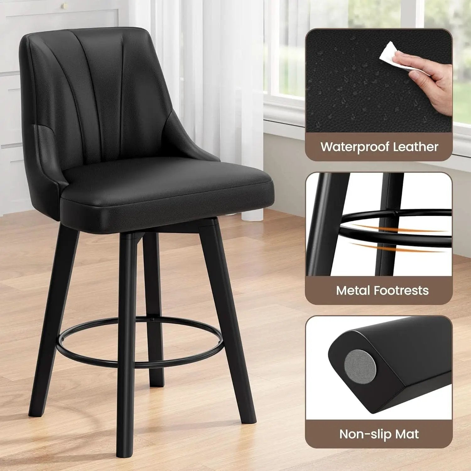 Counter Height Swivel Bar Stool 24 Inch Set Of 3 Black PU Leather from PriceLows™