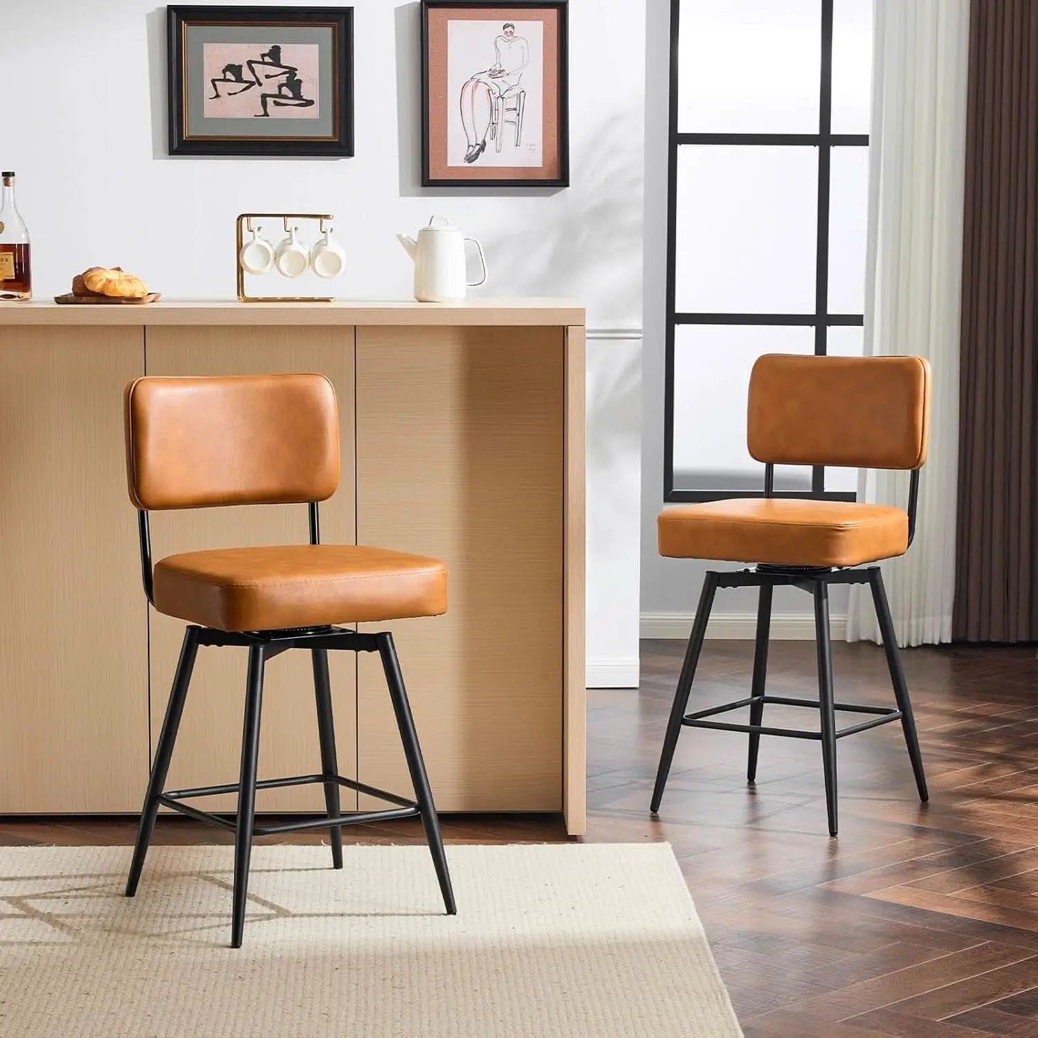 Counter Height Bar Stools Set Of 2 26 Inch Brown PU Leather from PriceLows™