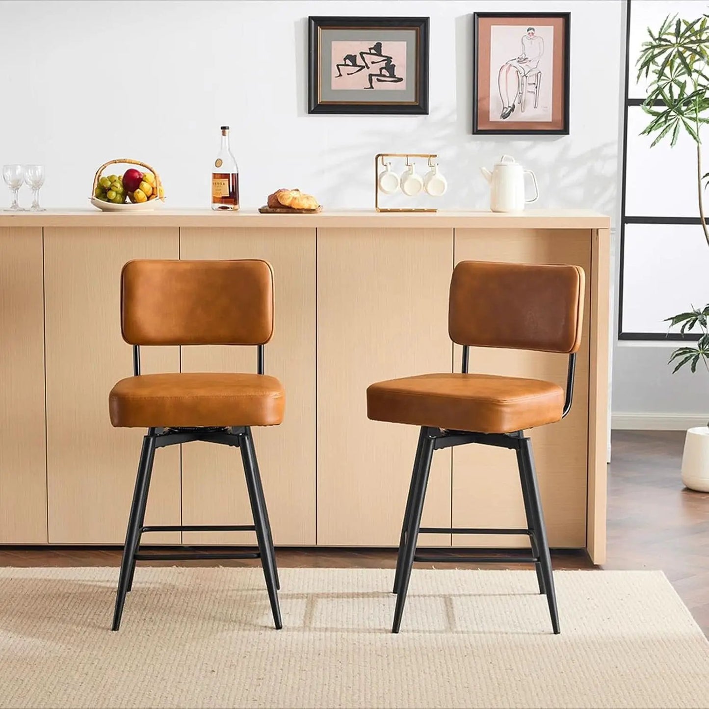 Counter Height Bar Stools Set Of 2 26 Inch Brown PU Leather from PriceLows™
