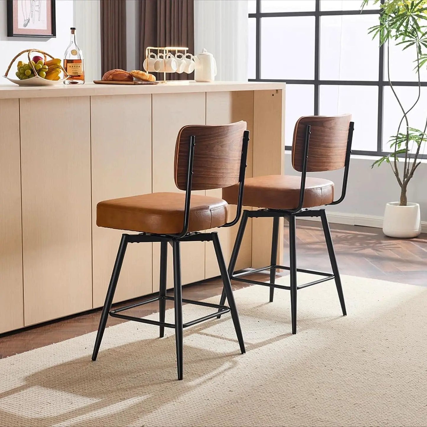 Counter Height Bar Stools Set Of 2 26 Inch Brown PU Leather from PriceLows™