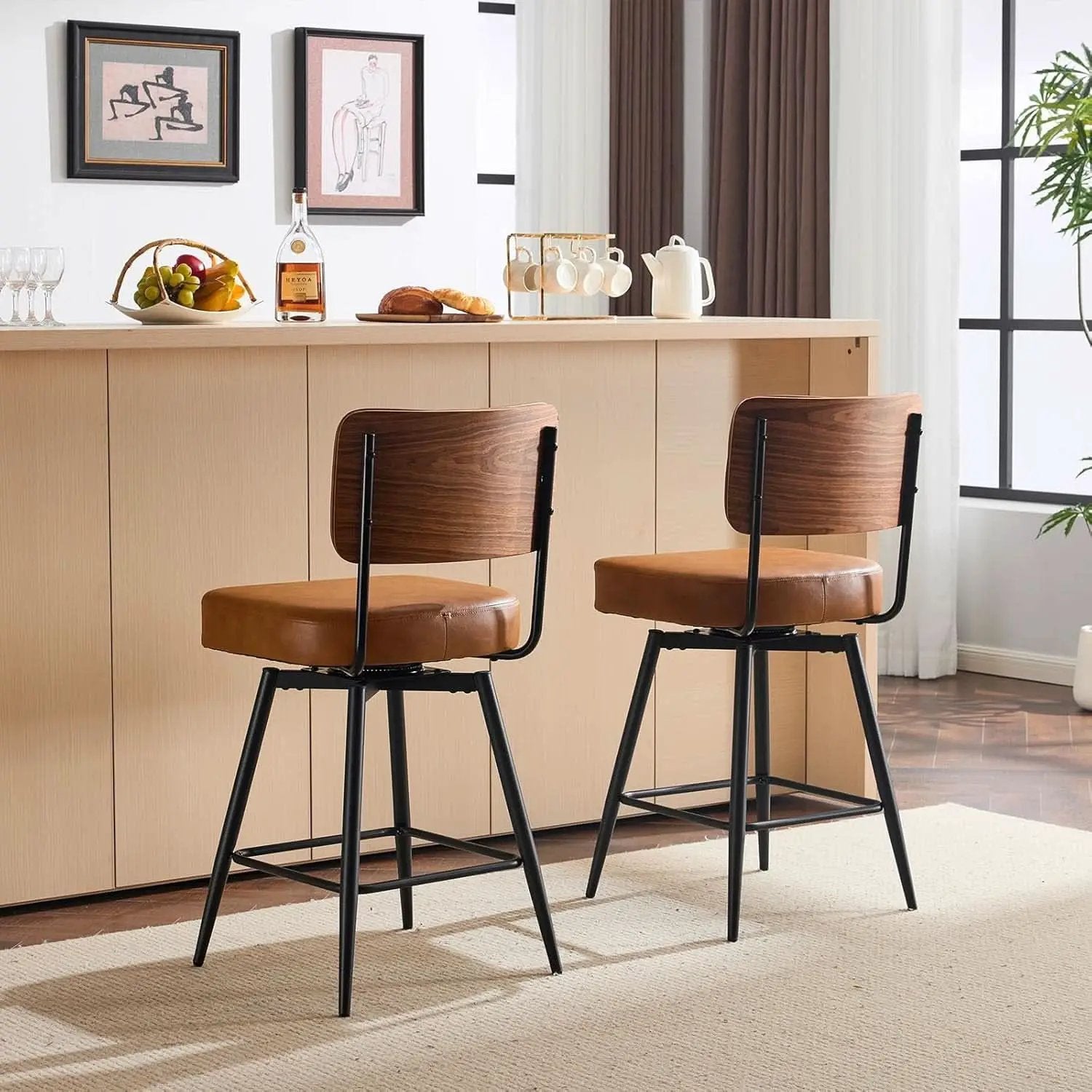 Counter Height Bar Stools Set Of 2 26 Inch Brown PU Leather from PriceLows™