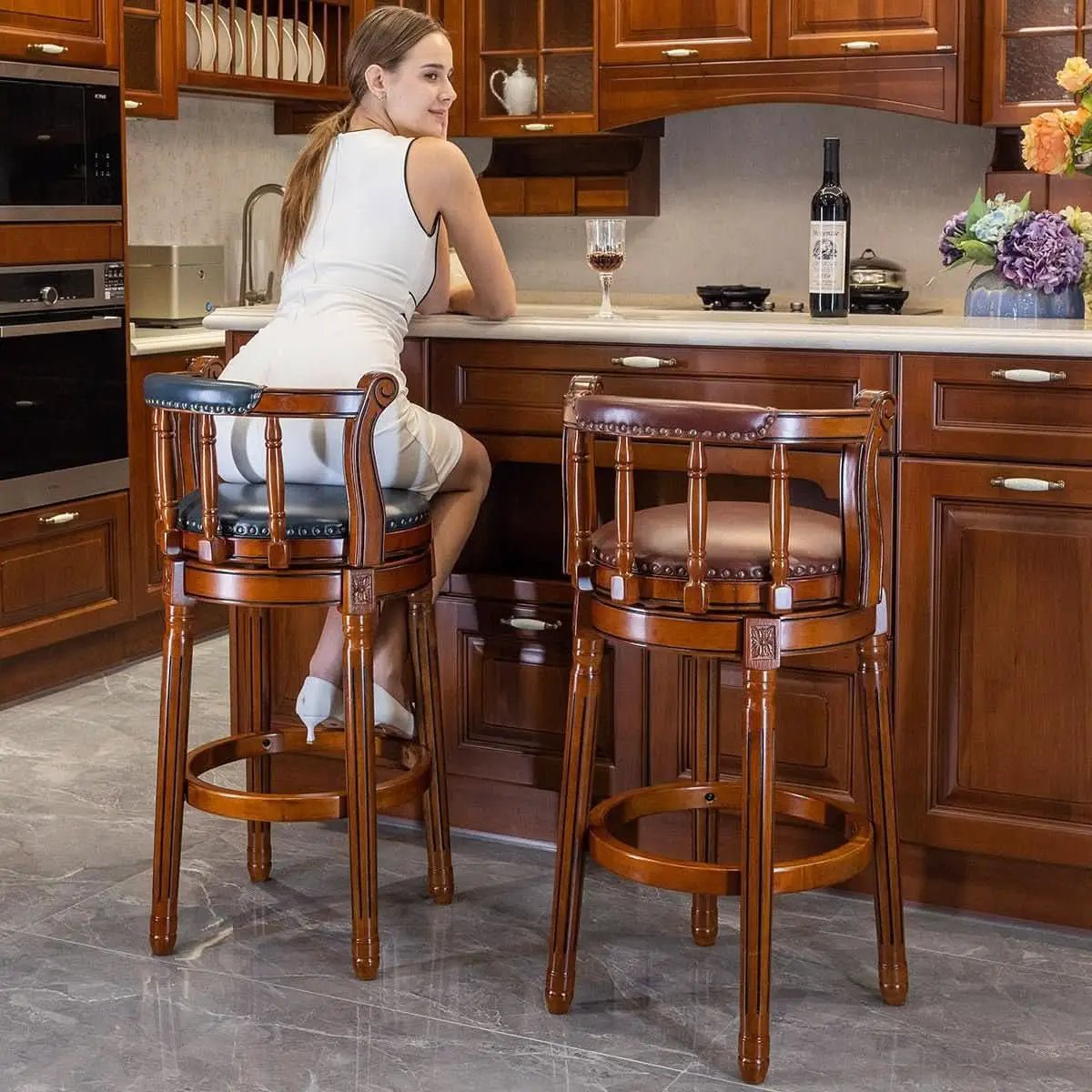 Brown Bar Height Swivel Stool With Back Rest 360 Degree 2 Pack from PriceLows™