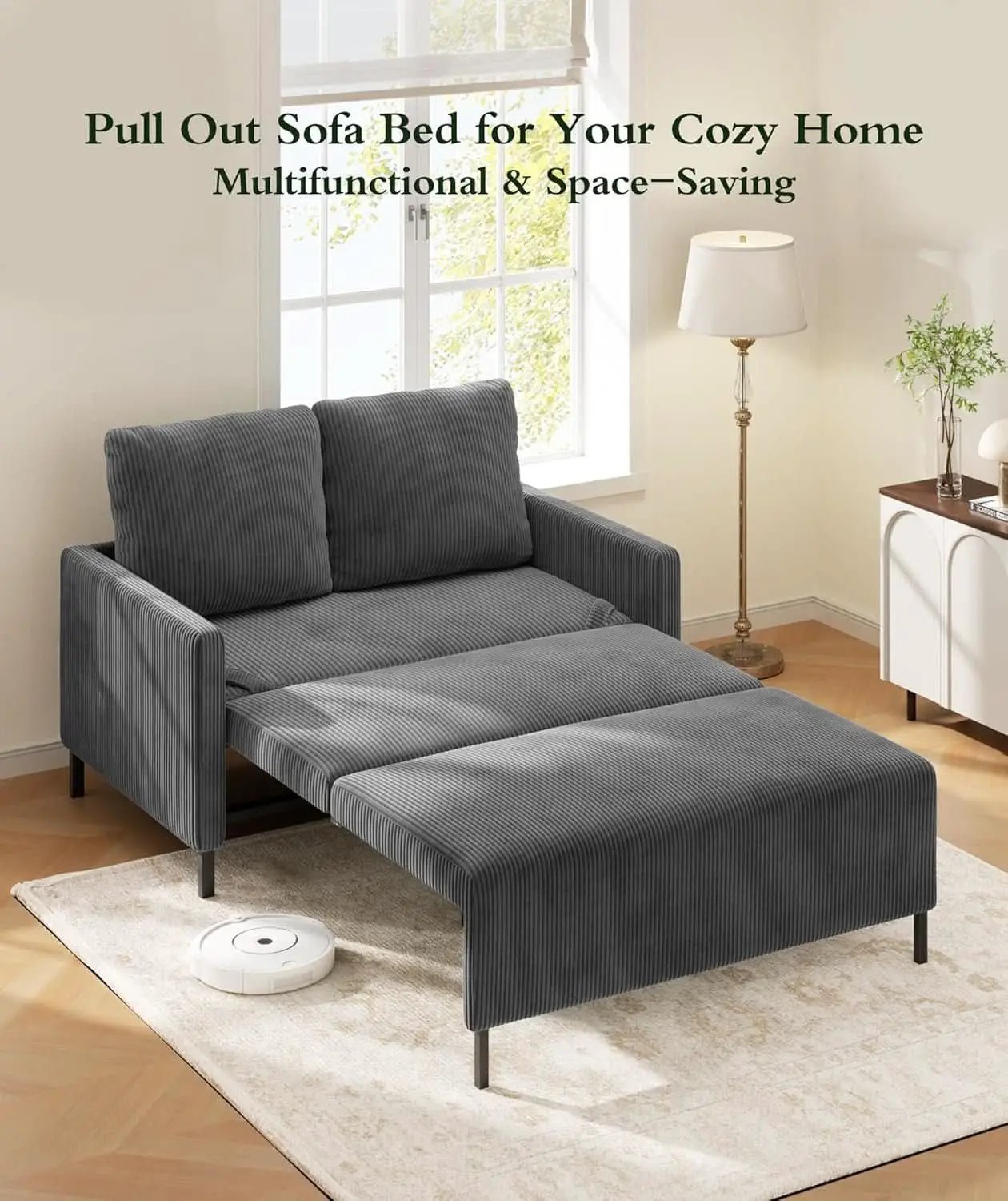 Cozy Corduroy Convertible Sofa Bed With Fluffy Pillows from PriceLows™