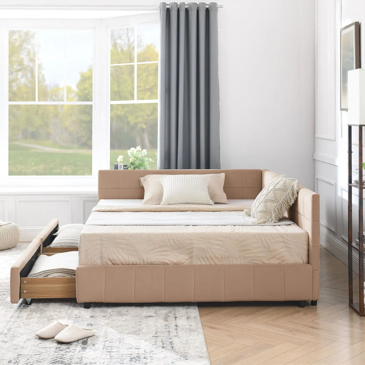 Mid-Century Storage Bed Frame | Upholstered Tufted Design | Backrest And Armrests | Bed Or Sofa Use