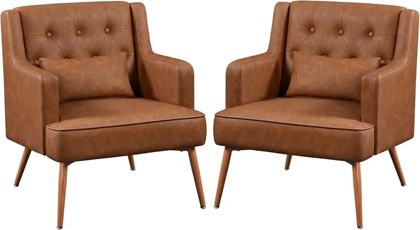 Two Brown Leatherette Mid Century Accent Chairs Set from PriceLows™