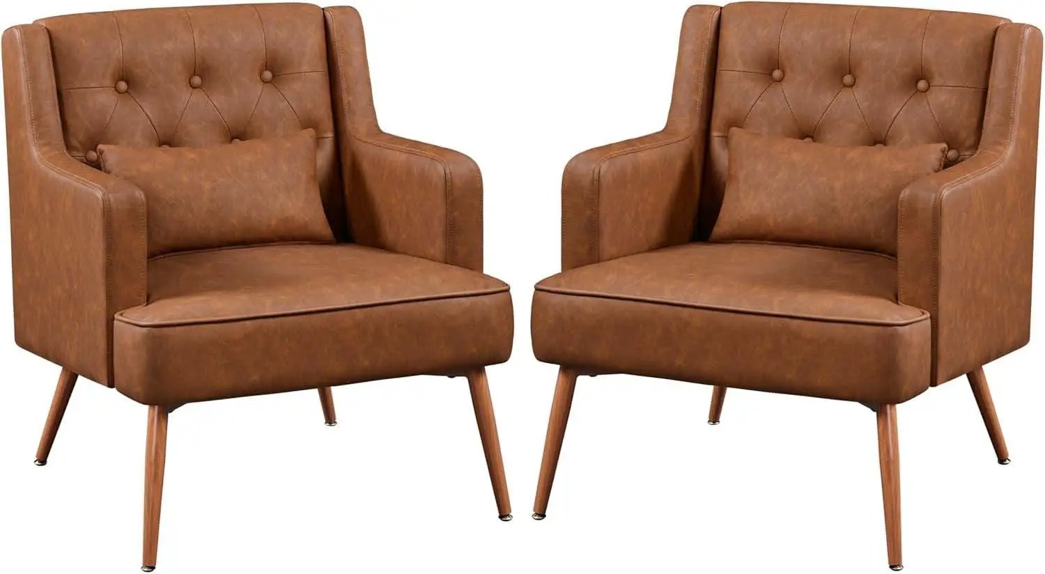 Two Brown Leatherette Mid Century Accent Chairs Set from PriceLows™
