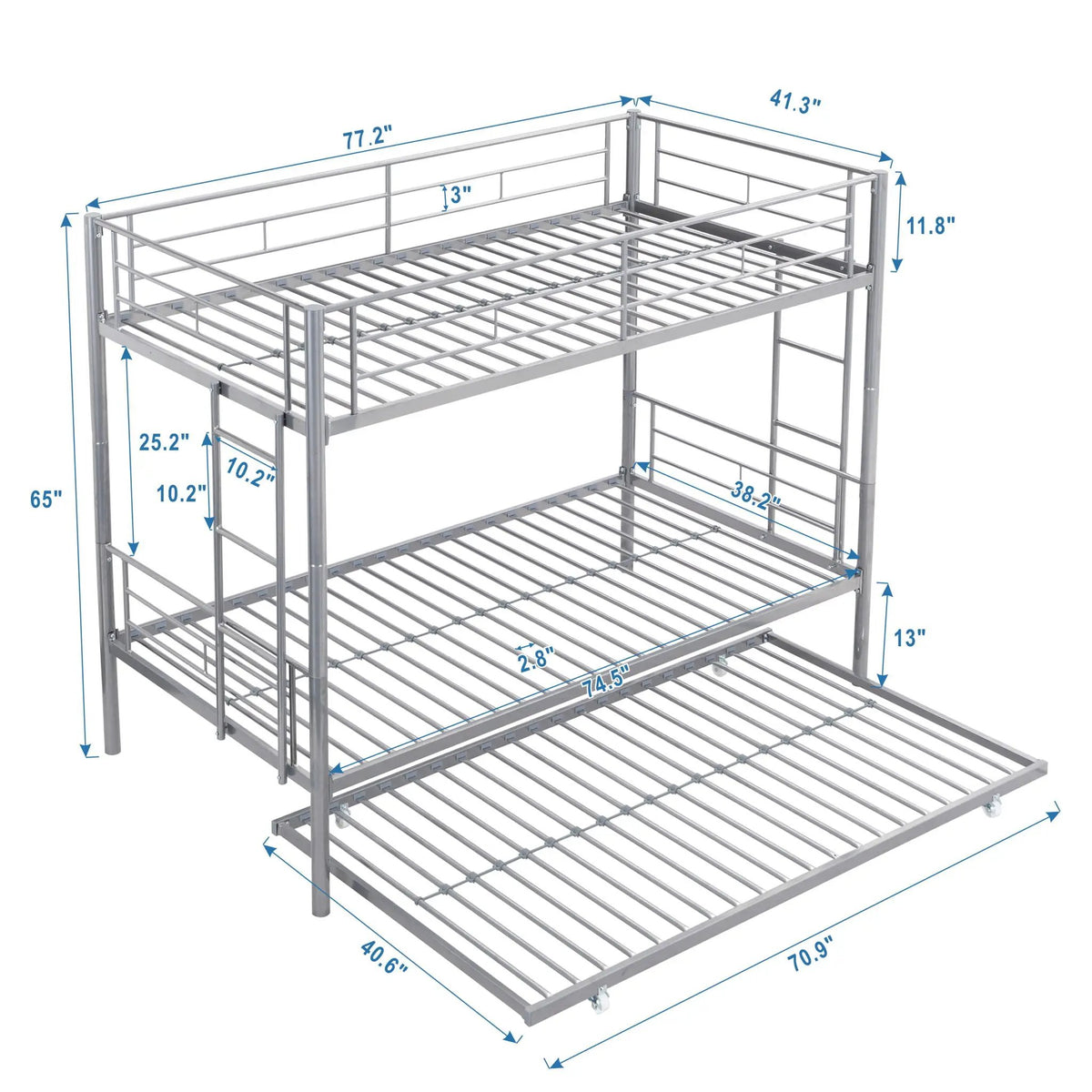 Bunk Bed With Trundle | Heavy Duty Steel | Space Saving | Twin Top