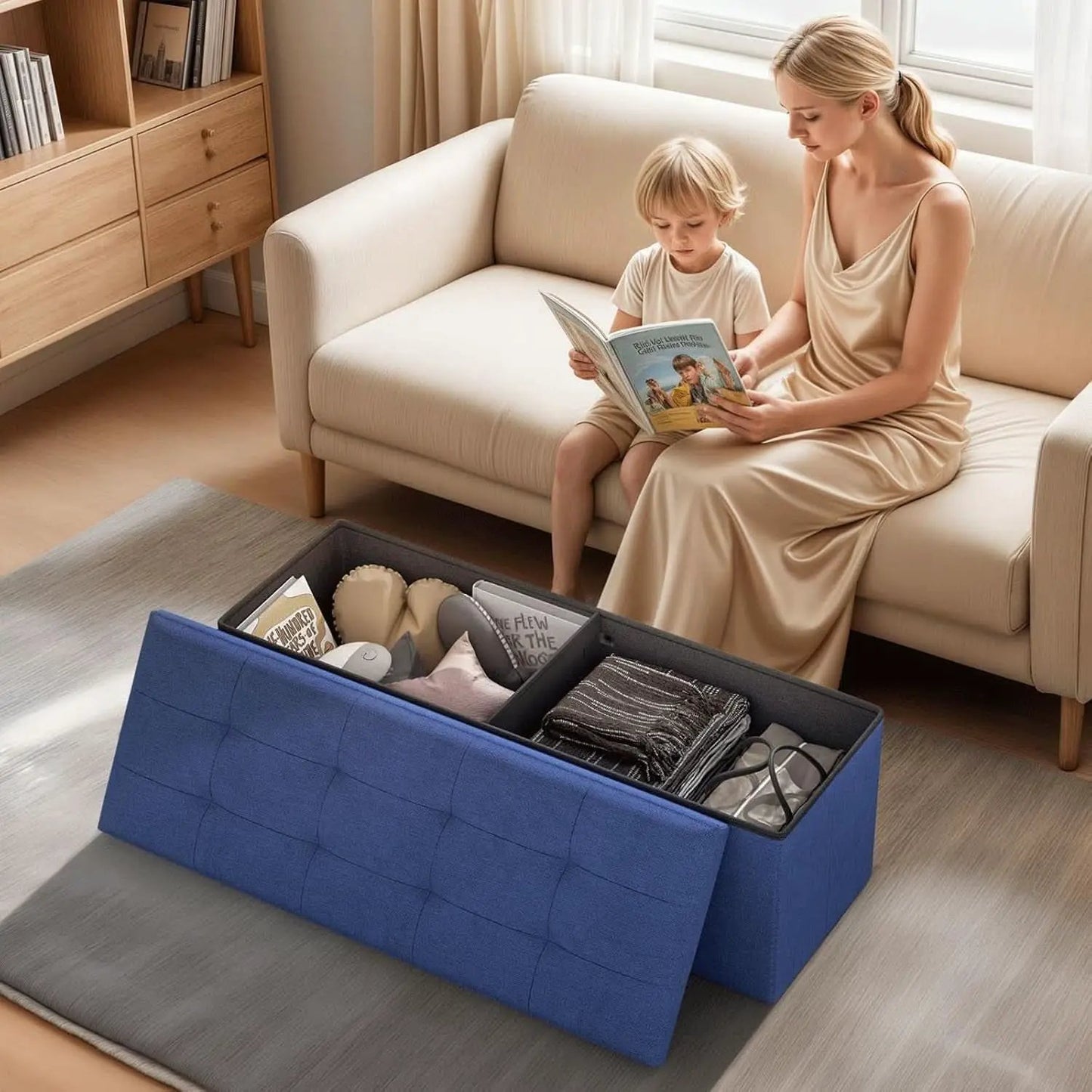 Navy Blue Folding Storage Ottoman Organizer 43Inch from PriceLows™