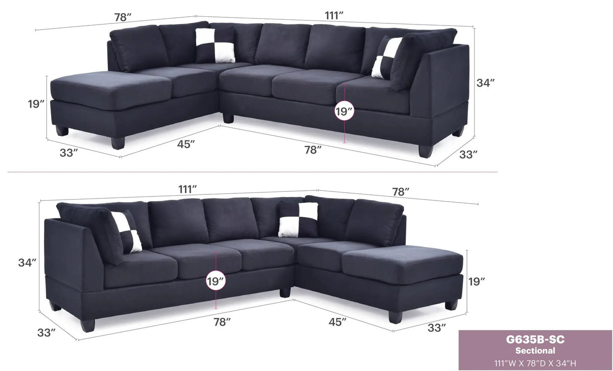 Malone Comfort Sectional | Pocketed Coil And Foam Seating | Removable Backs | 111 Inch Length