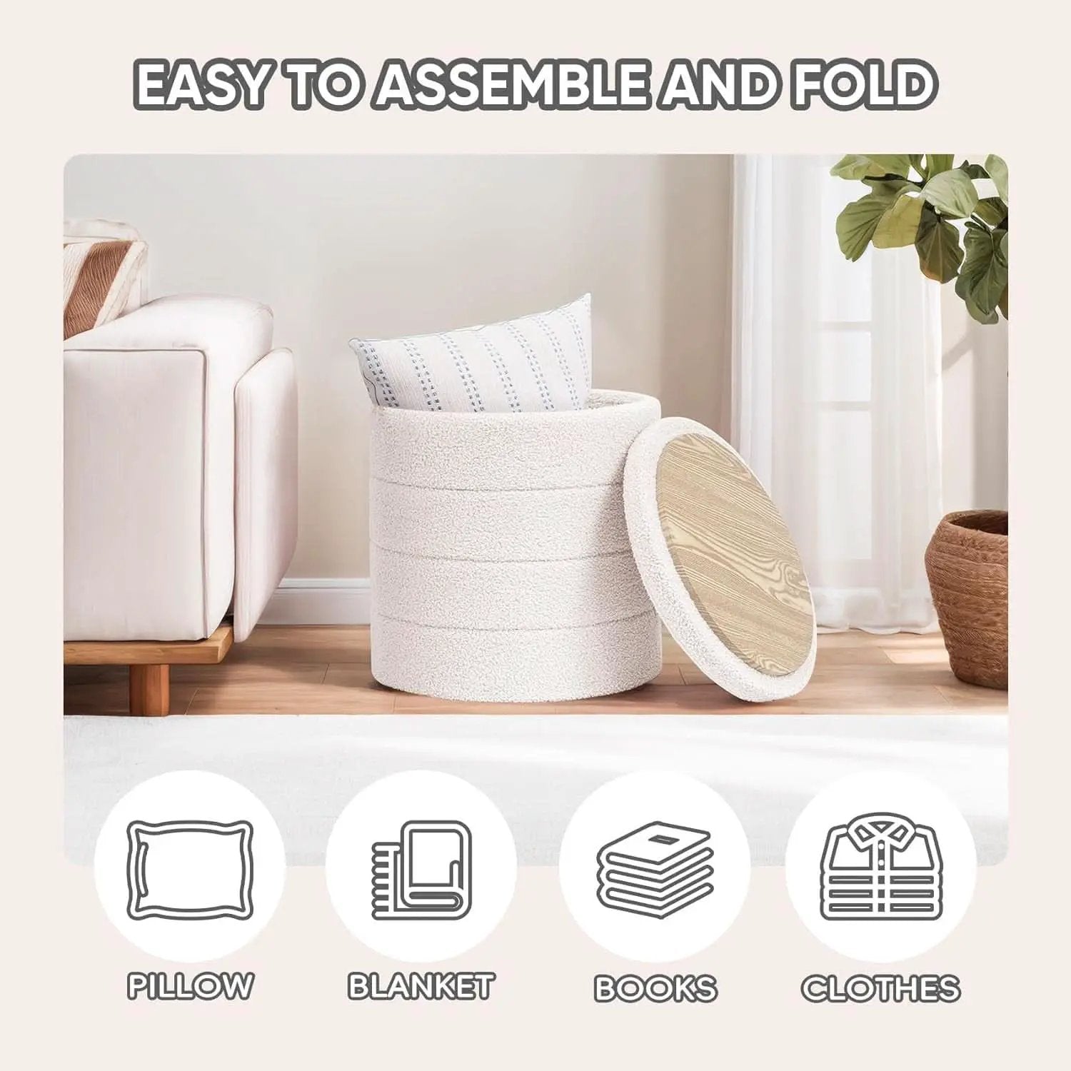Round Storage Ottoman With Tray White VelvetFabric from PriceLows™