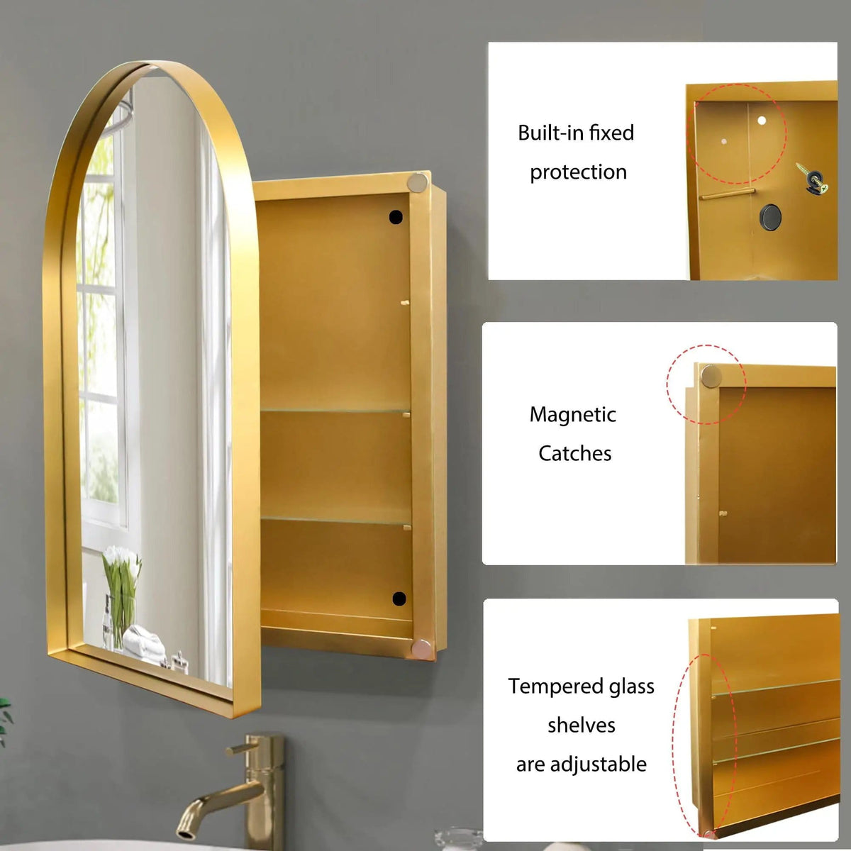 Arched Recessed Medicine Cabinet, Metal Framed Bathroom Wall Cabinet With Mirror And | 3 Pieces | Metal | Bathroom