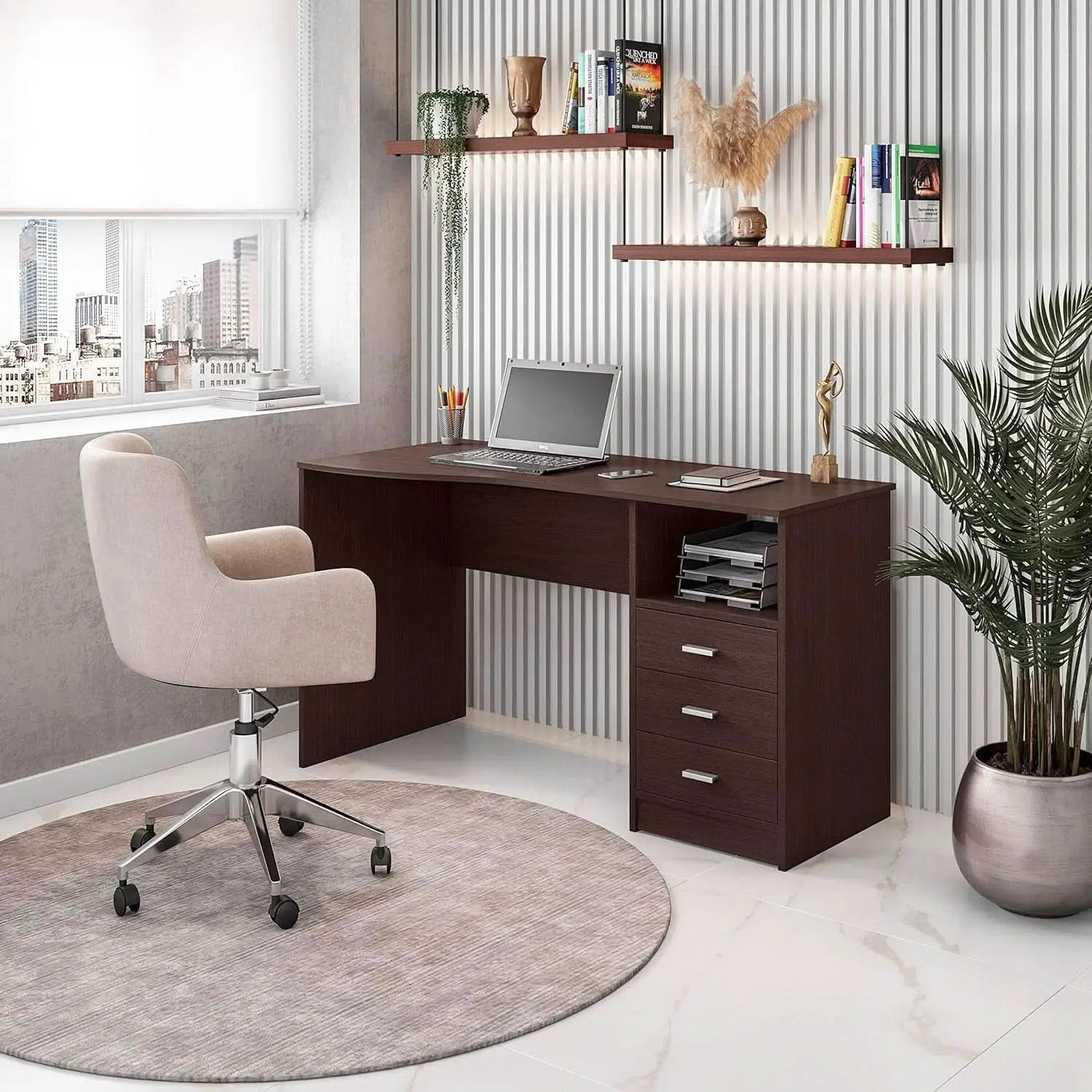 Wenge Computer Desk With 3 Drawers And Side Storage Shelf from PriceLows™