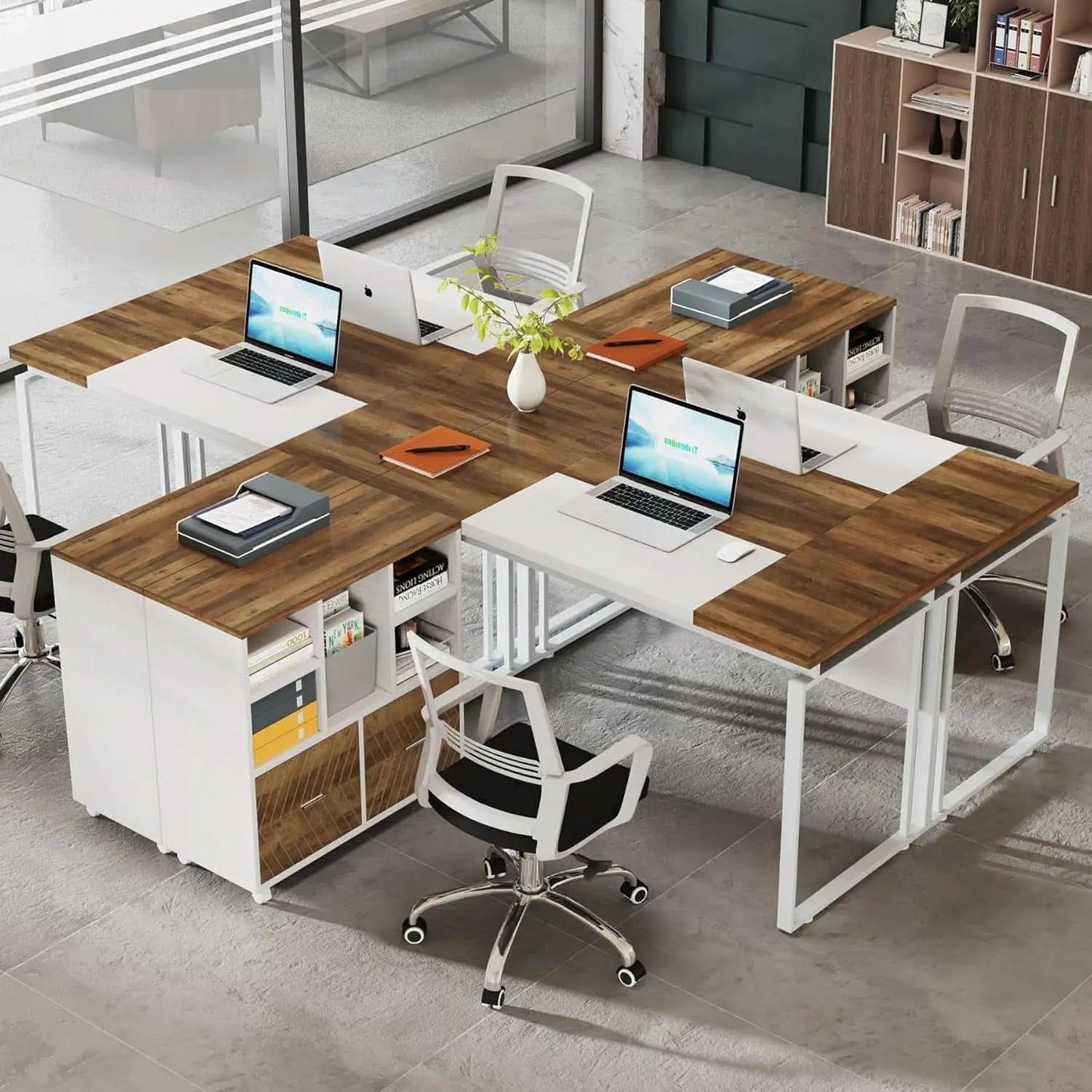 63 Inch L Shaped Desk Reversible Cabinet Natural Oak Wood Finish from PriceLows™