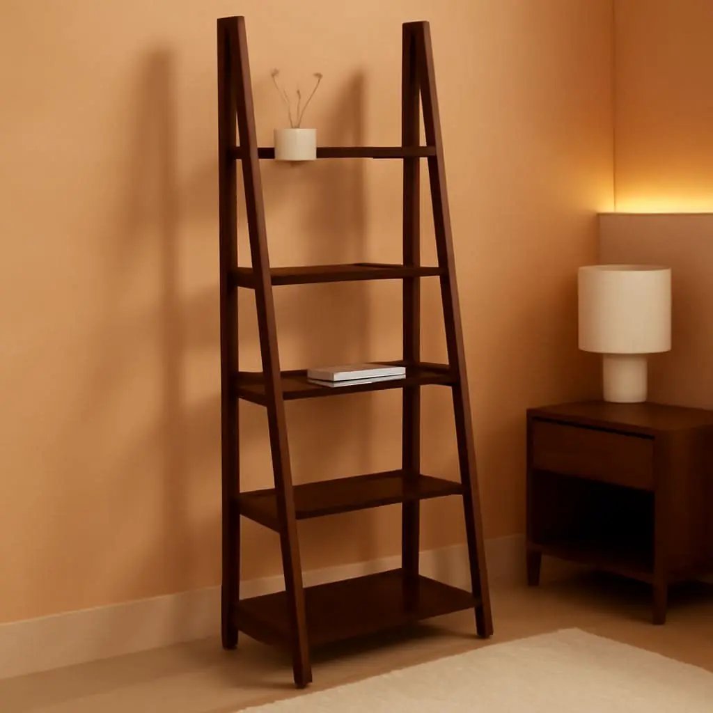 Ladder Bookshelf Organizer Espresso Rubberwood Frame 14 Inch Depth 70 Inch Tall from PriceLows™