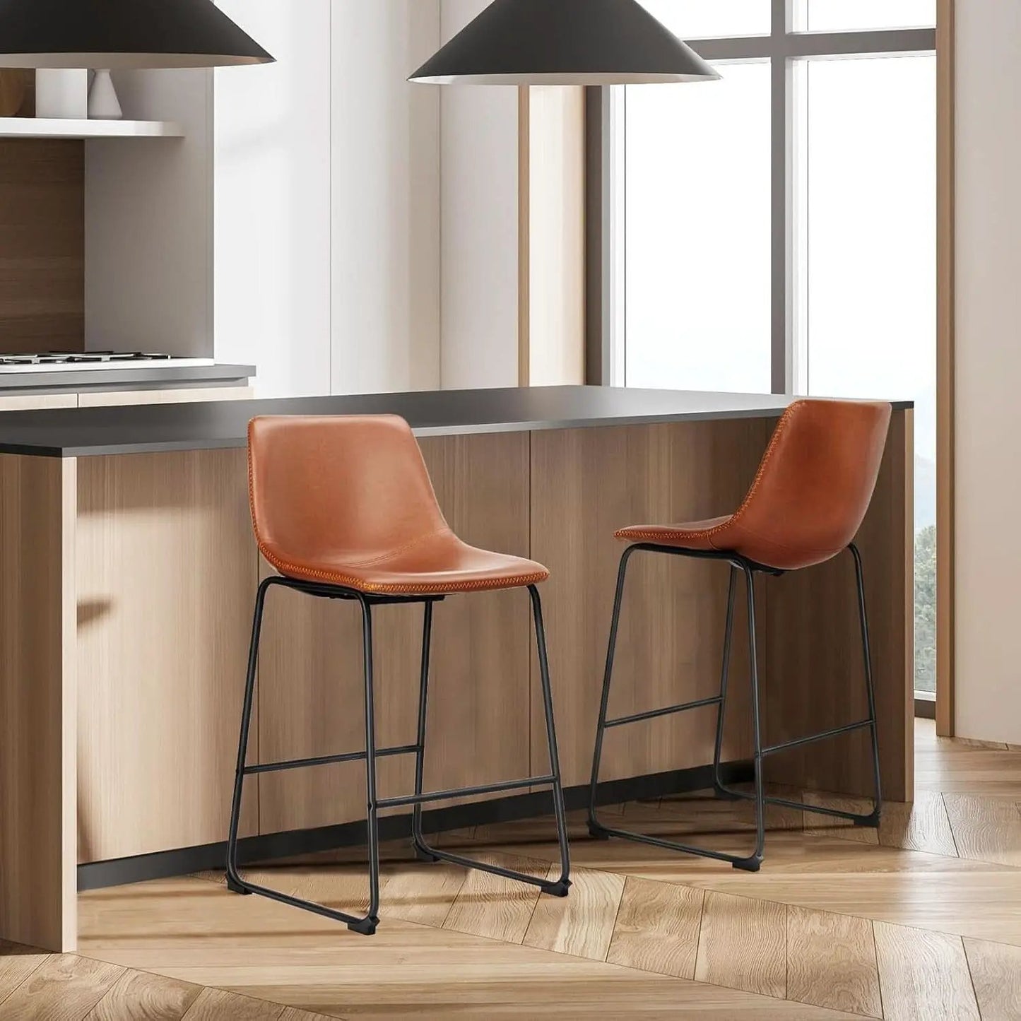 26 Inch Counter Height Bar Stools Set Of 4 With Back Brown Faux Leather And Metal Legs from PriceLows™