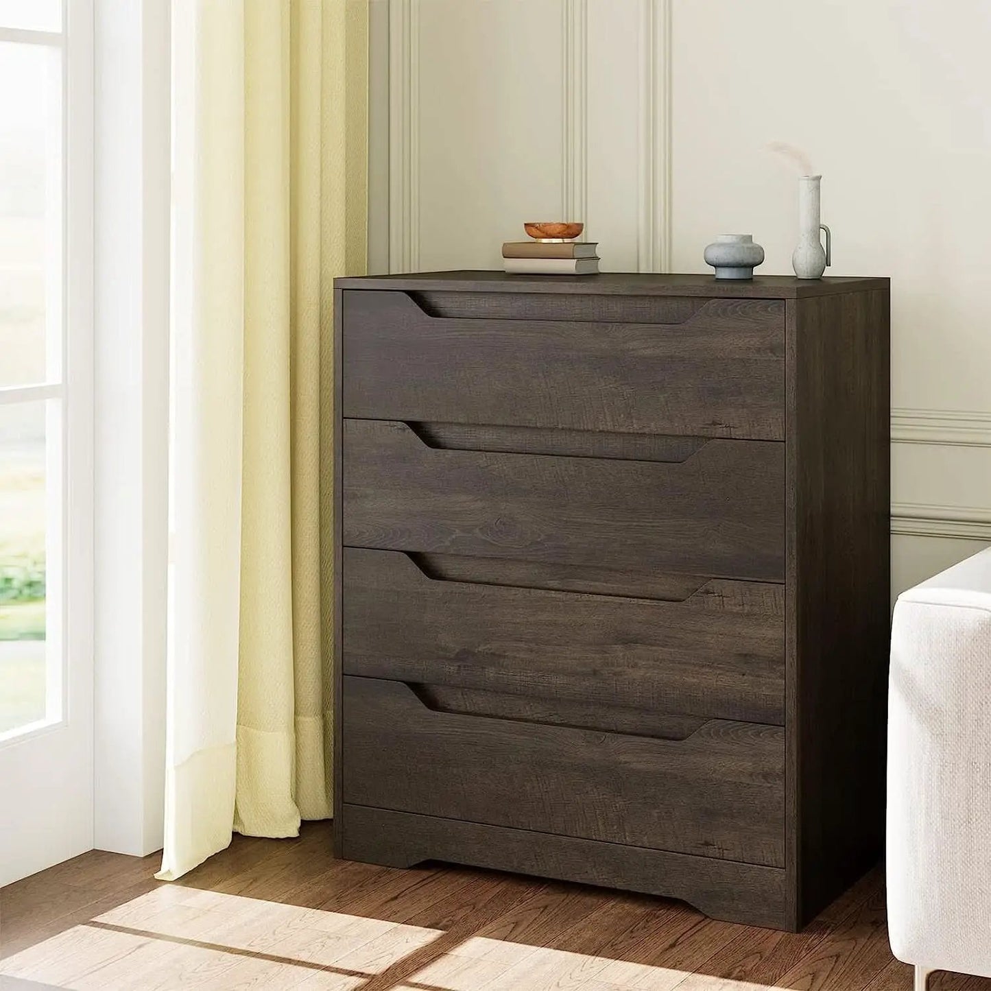 Modern 4 Drawer Dresser Walnut Finish For Bedroom Storage from PriceLows™