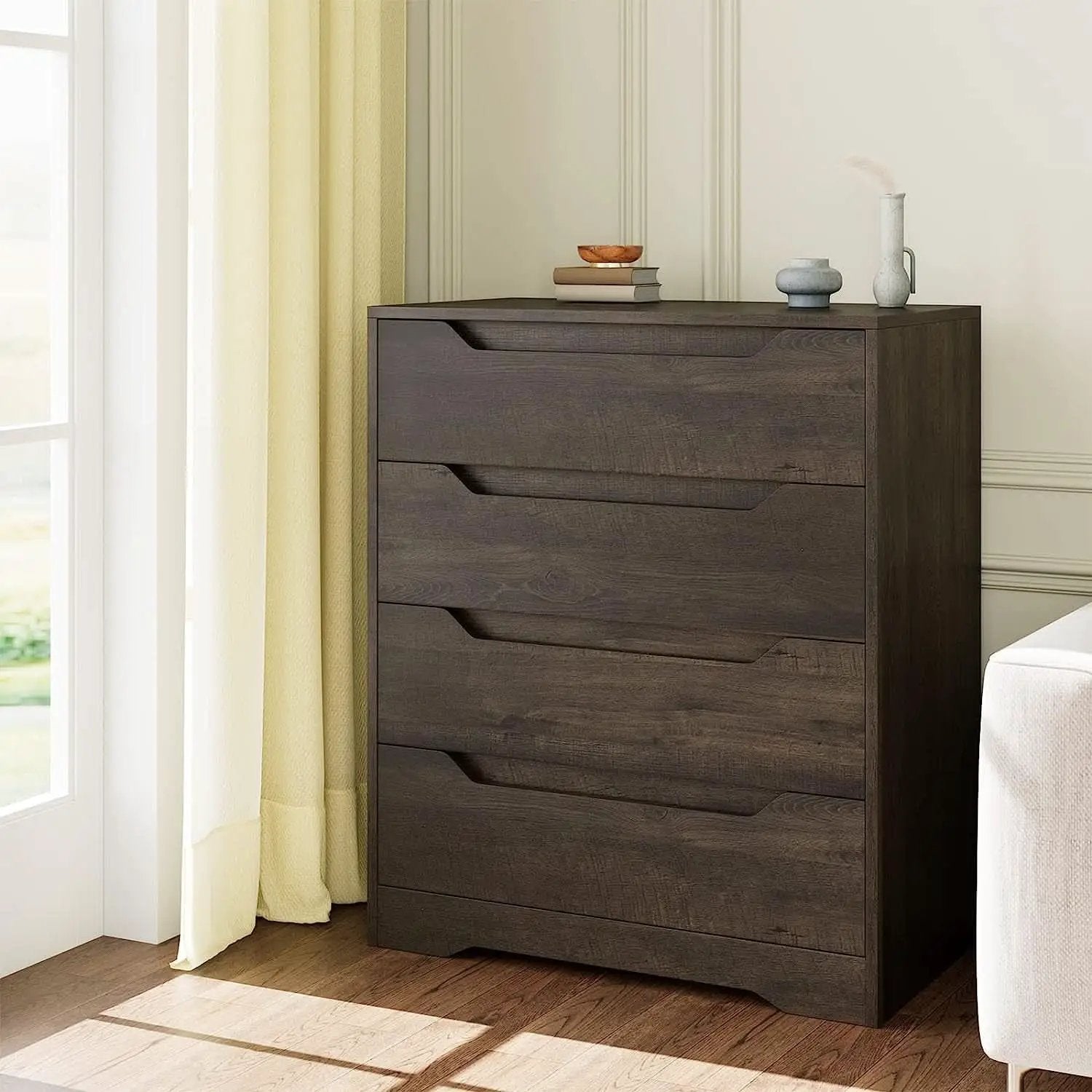 Modern 4 Drawer Dresser Walnut Finish For Bedroom Storage from PriceLows™