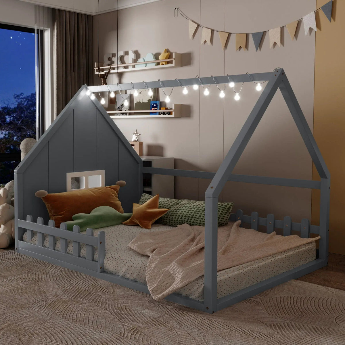 Platform House Bed | Window And Fence Design | Solid Pine Wood | Built-In LED Light