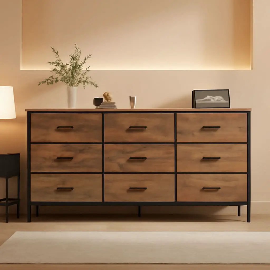 55 Inch Dresser TV Stand With 9 Fabric Drawers Rustic Brown from PriceLows™