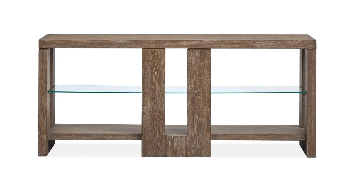 Conway Console Sofa Table | 16 x 64 x 27 in | Oak Veneer & Tempered Glass | Spiced Brown