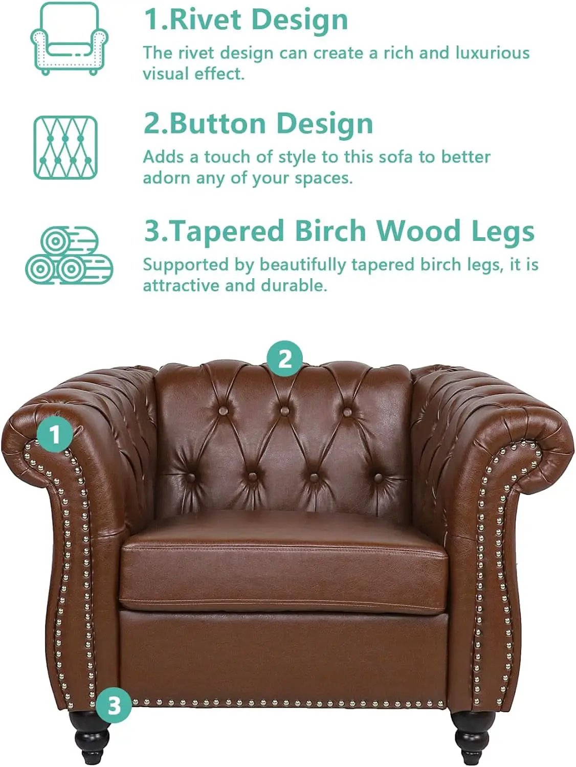 3 Piece Living Room Set With Sectional Chesterfield Sofa Chair And Leather Upholstered Loveseat from PriceLows™