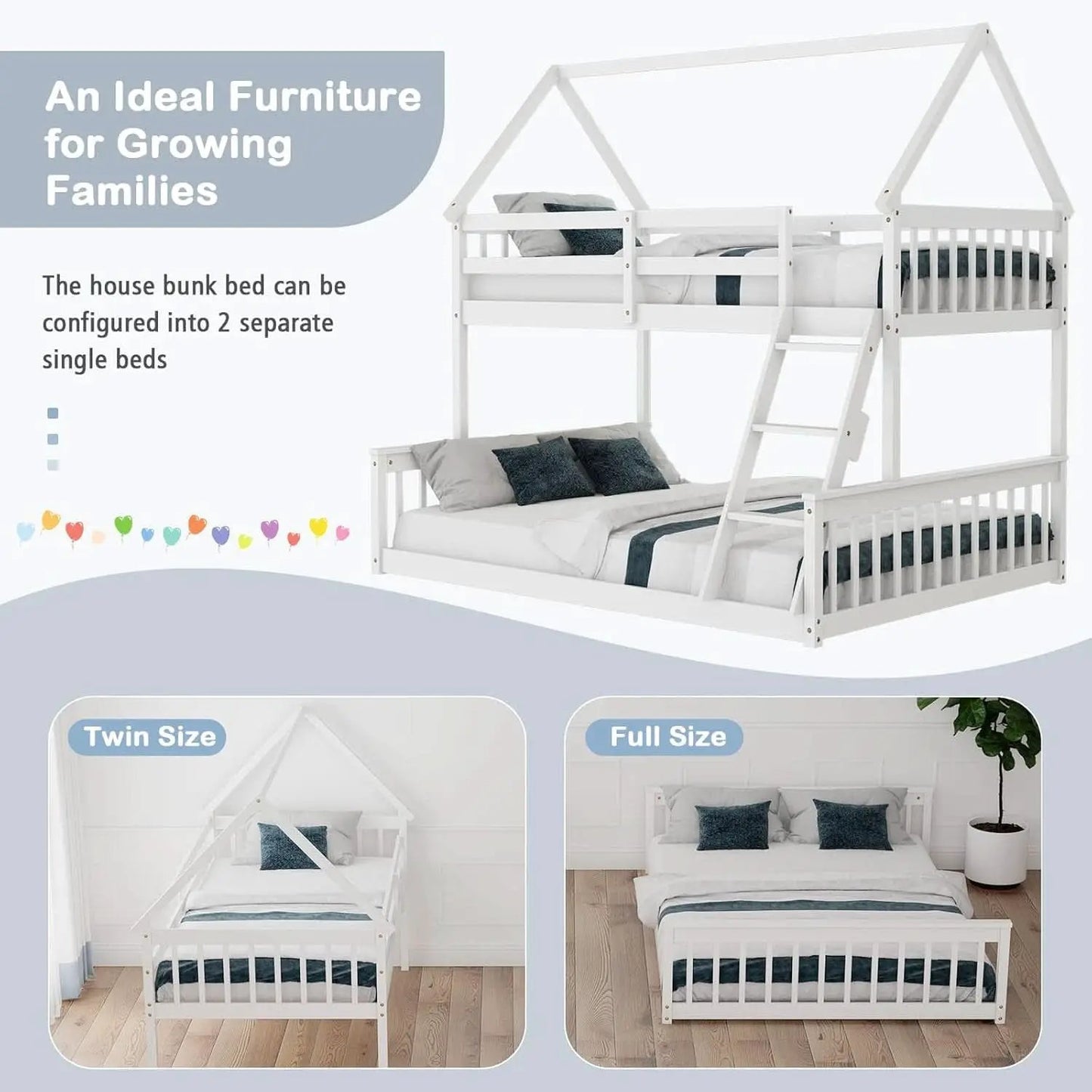 Solid Wood Twin Over Full Bunk Bed White With Guardrails from PriceLows™