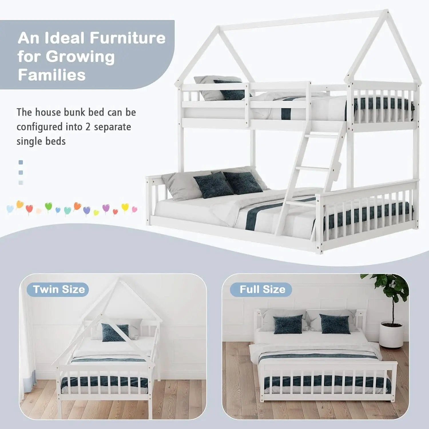 Solid Wood Twin Over Full Bunk Bed White With Guardrails from PriceLows™