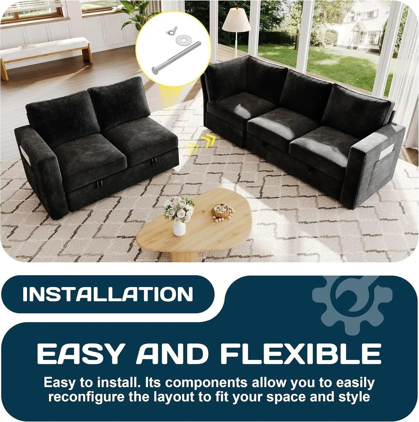 Black 83Inch Deluxe Sleeper Sectional Sofa With Storage from PriceLows™