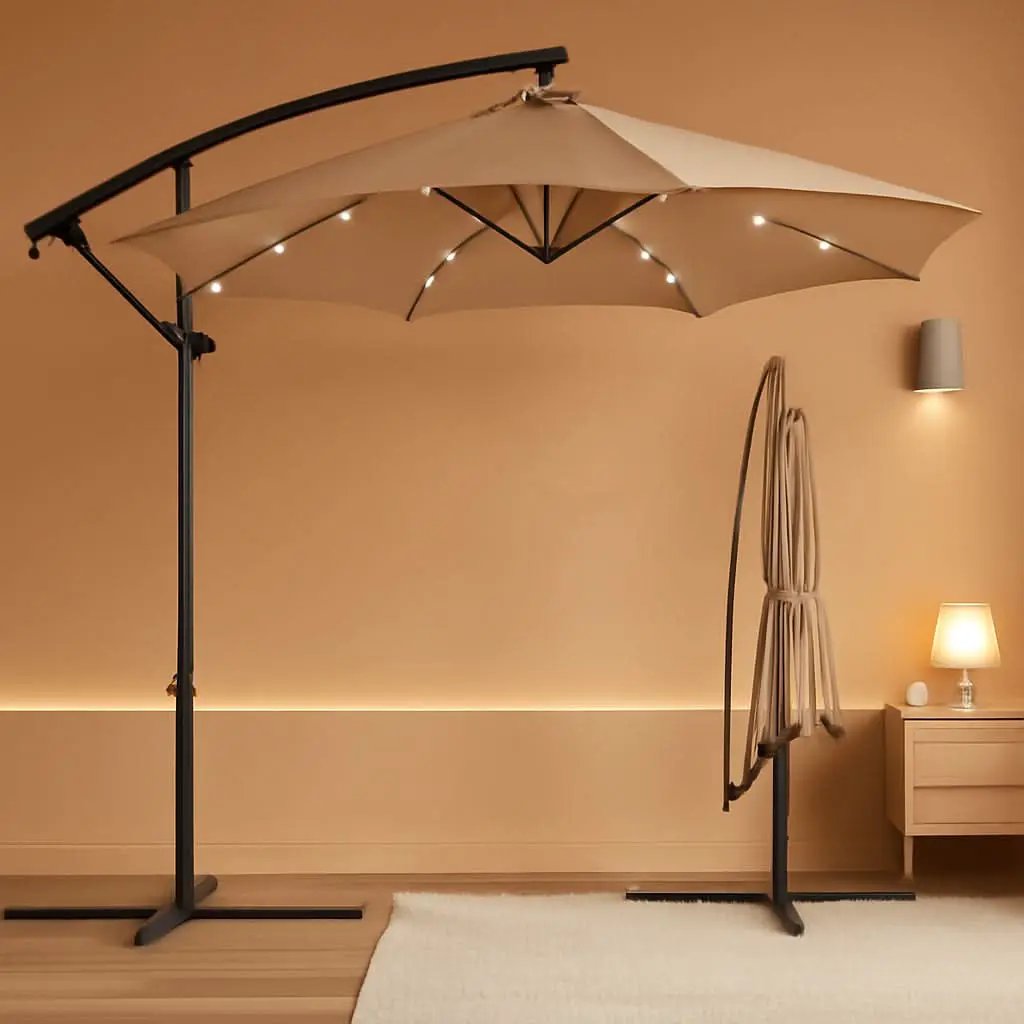 10 Foot Solar LED Offset Patio Umbrella With Easy Tilt Adjustment In Tan For Backyard Use from PriceLows™