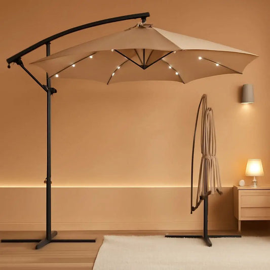 10 Foot Solar LED Offset Patio Umbrella With Easy Tilt Adjustment In Tan For Backyard Use from PriceLows™
