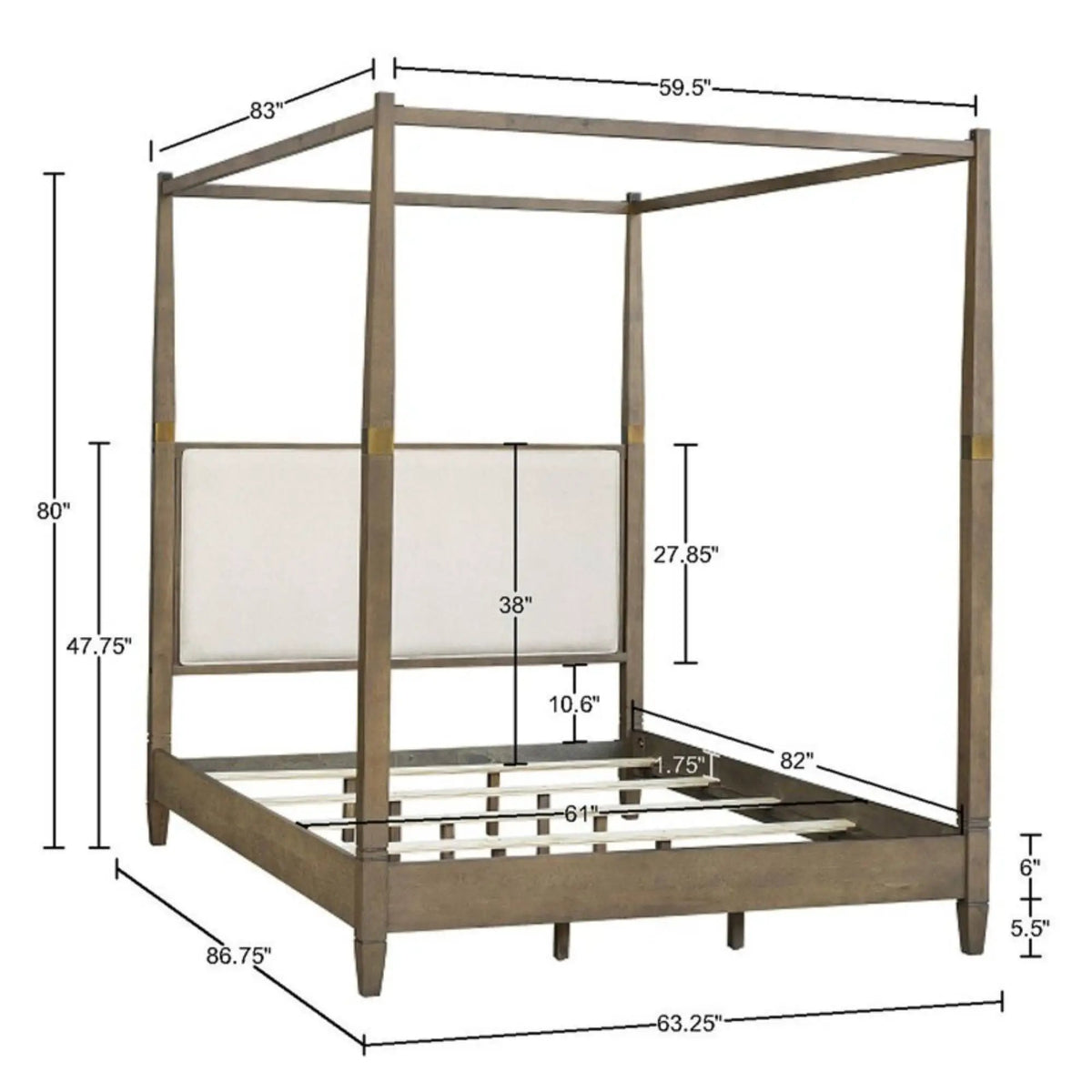 Queen Canopy Bed Frame | Upholstered Headboard | Brown Solid Wood | Gold Metal Cuffs