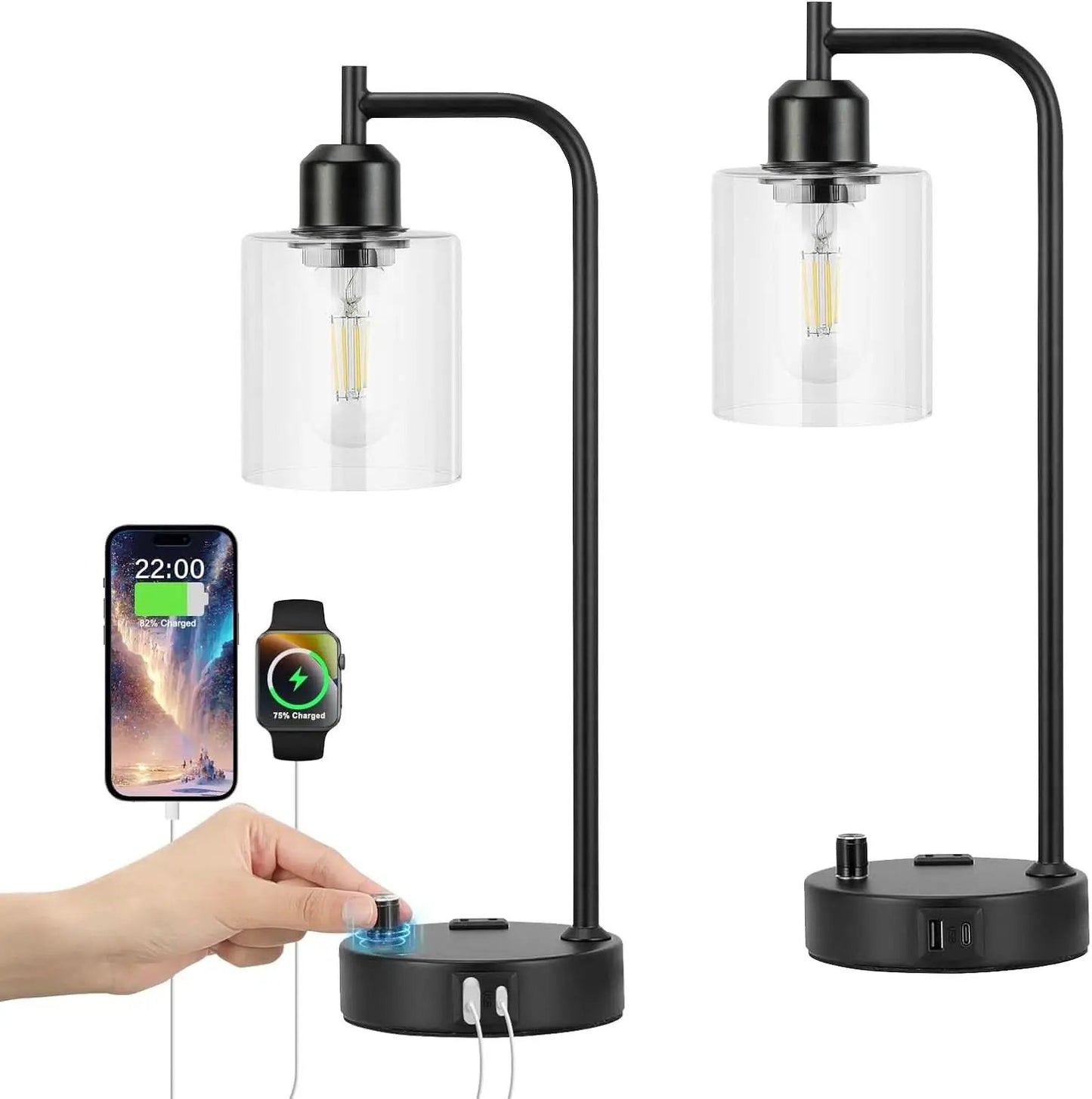 Industrial Nightstand Lamps Set of 2 Dimmable USB C Ports from PriceLows™