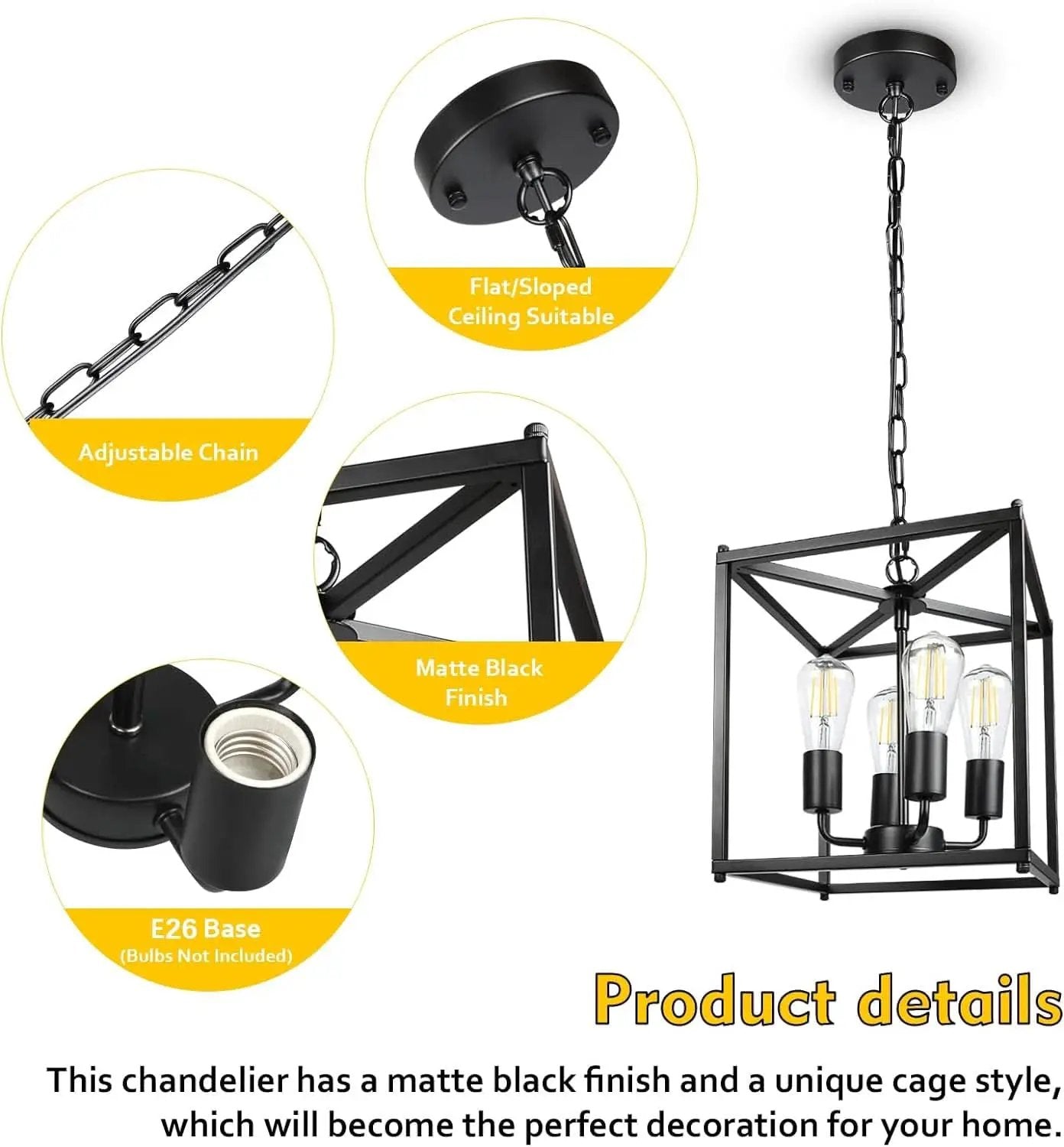 Black Farmhouse 4 Light Chandelier Pendant Light Adjustable from PriceLows™