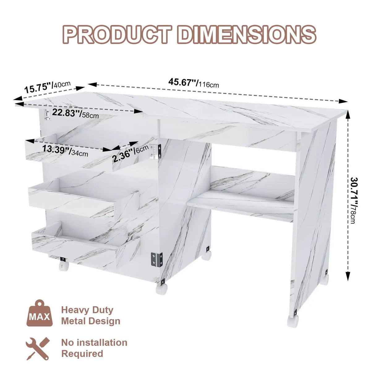 4 In 1 Folding Sewing Table With Lockable Wheels, Multi Functional Craft Station - | 45.67 x 15.75 x 30.71 in | Steel & Mdf | White