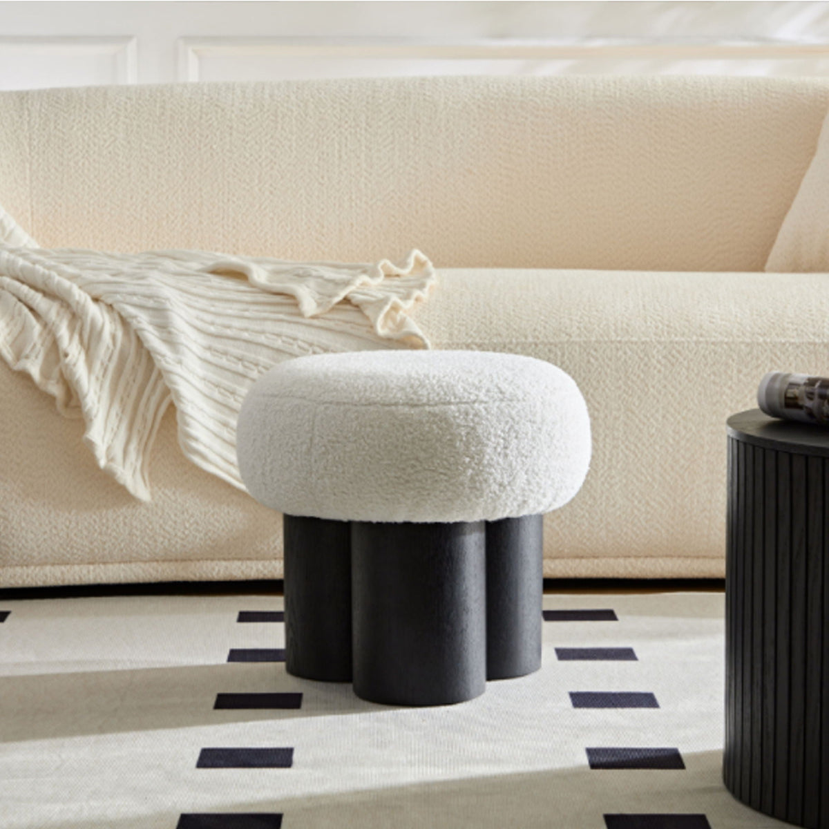 Mushroom Stool With Cushion | Greige Cushion | Wooden Barrel Base | 15.75 Inch Height