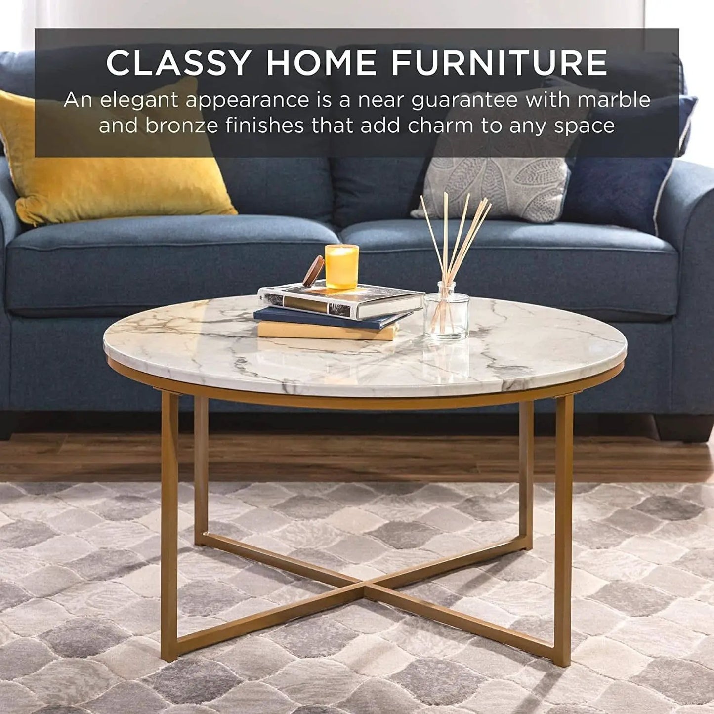 Round Coffee Table With Faux Marble Top Cross Leg Design from PriceLows™