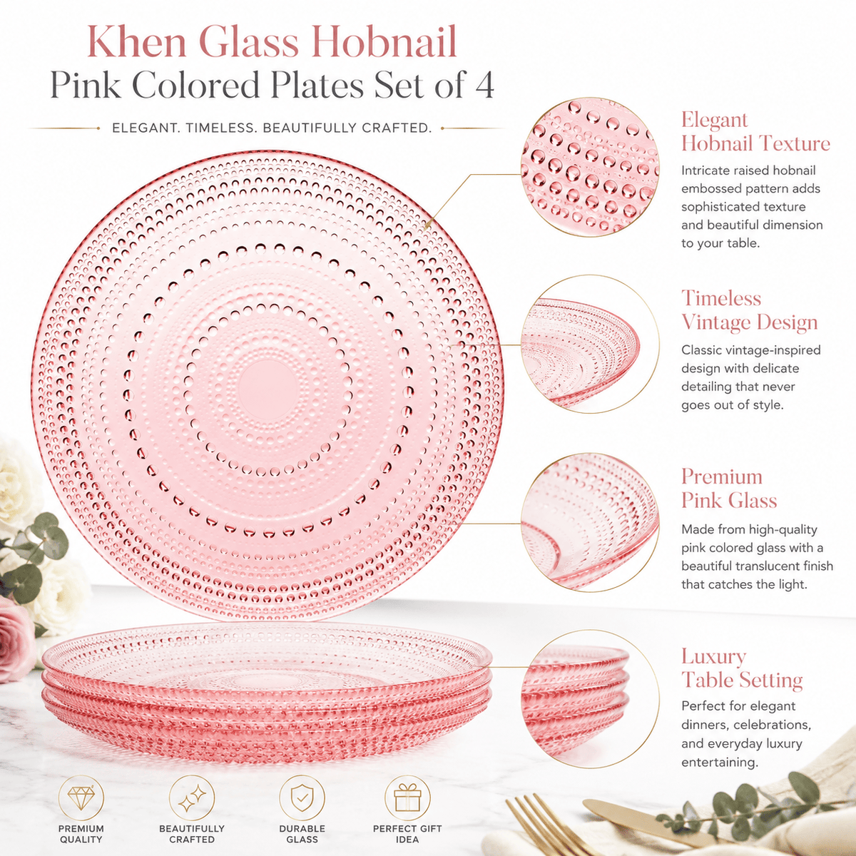 Blush Pink Hobnail Glass Dinner Plates, 10.6-Inch | Set of 4 | Glass | Entertaining
